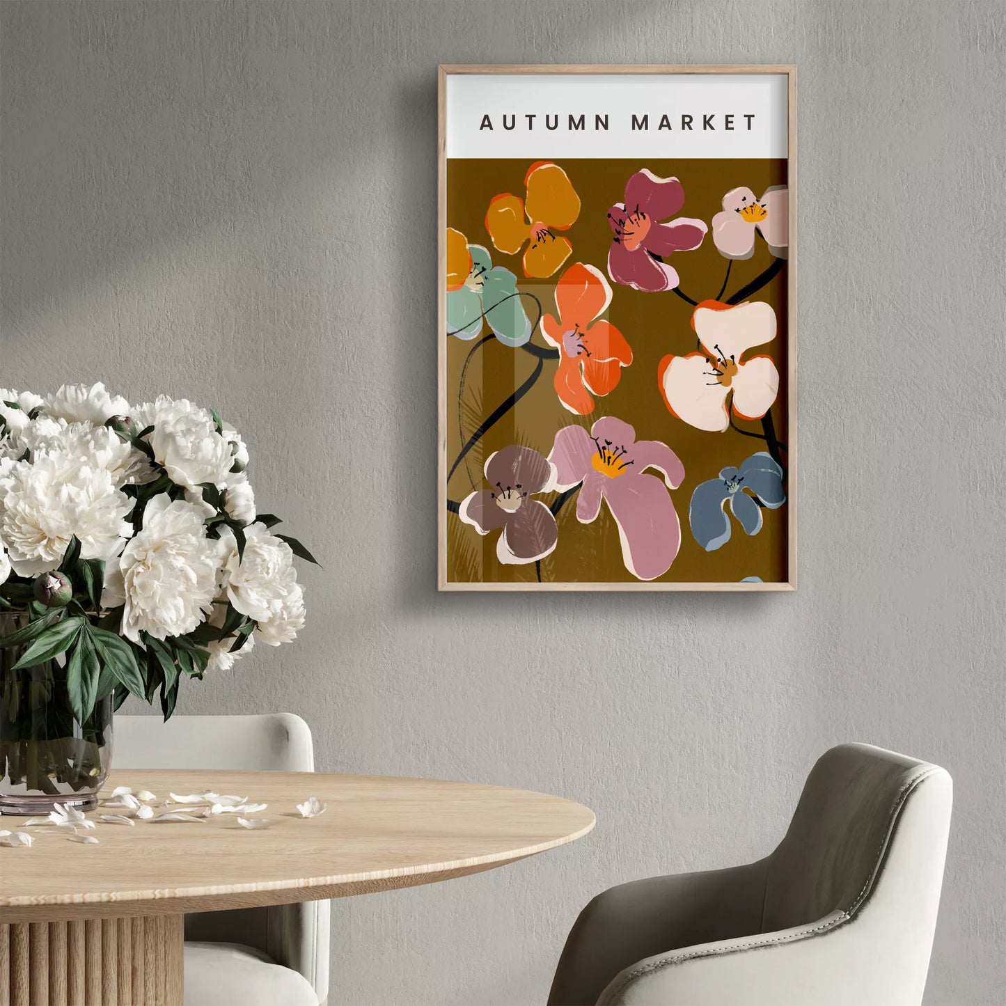 秋の花々アートポスター ブラウン背景にカラフルな花デザイン