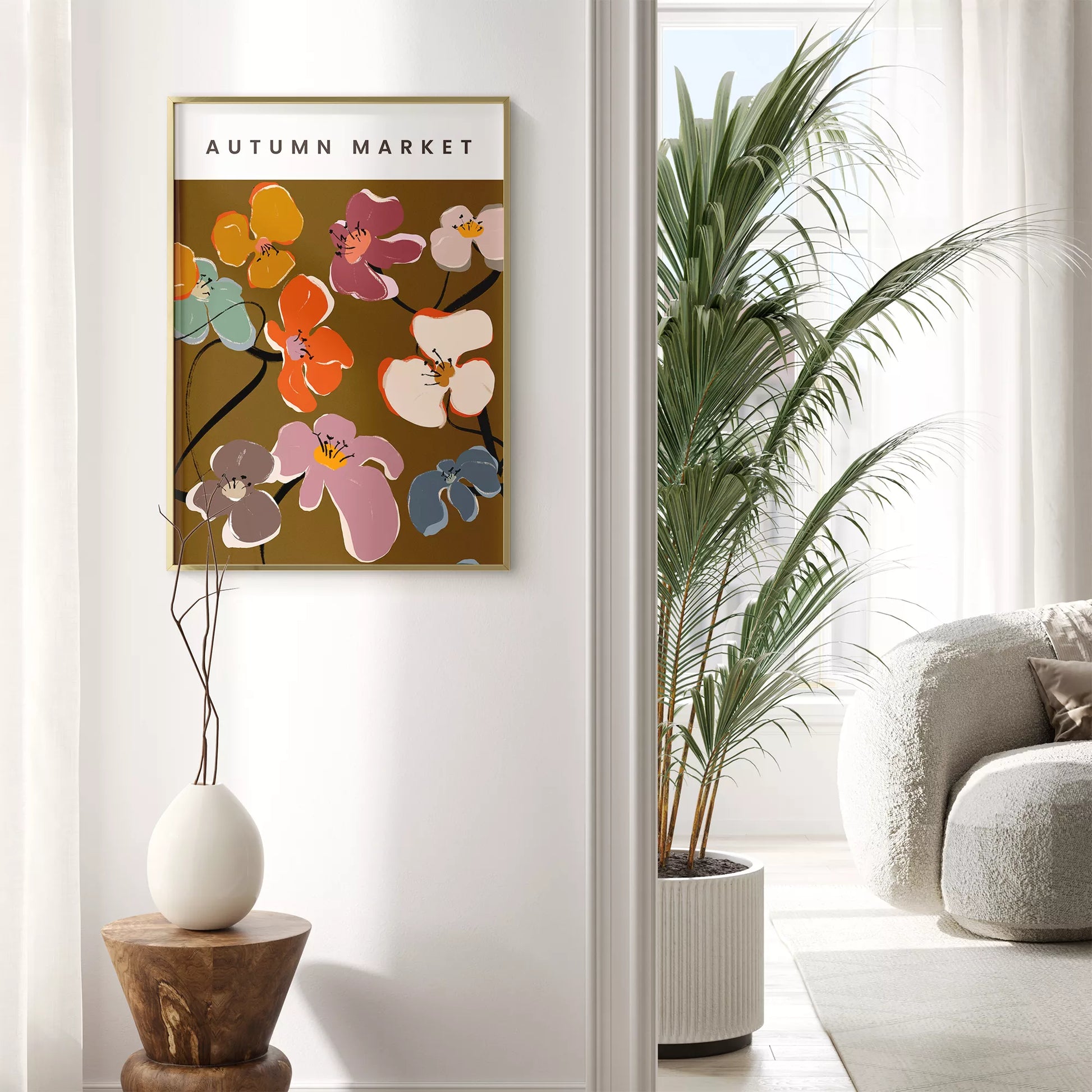 秋の花々アートポスター ブラウン背景にカラフルな花デザイン