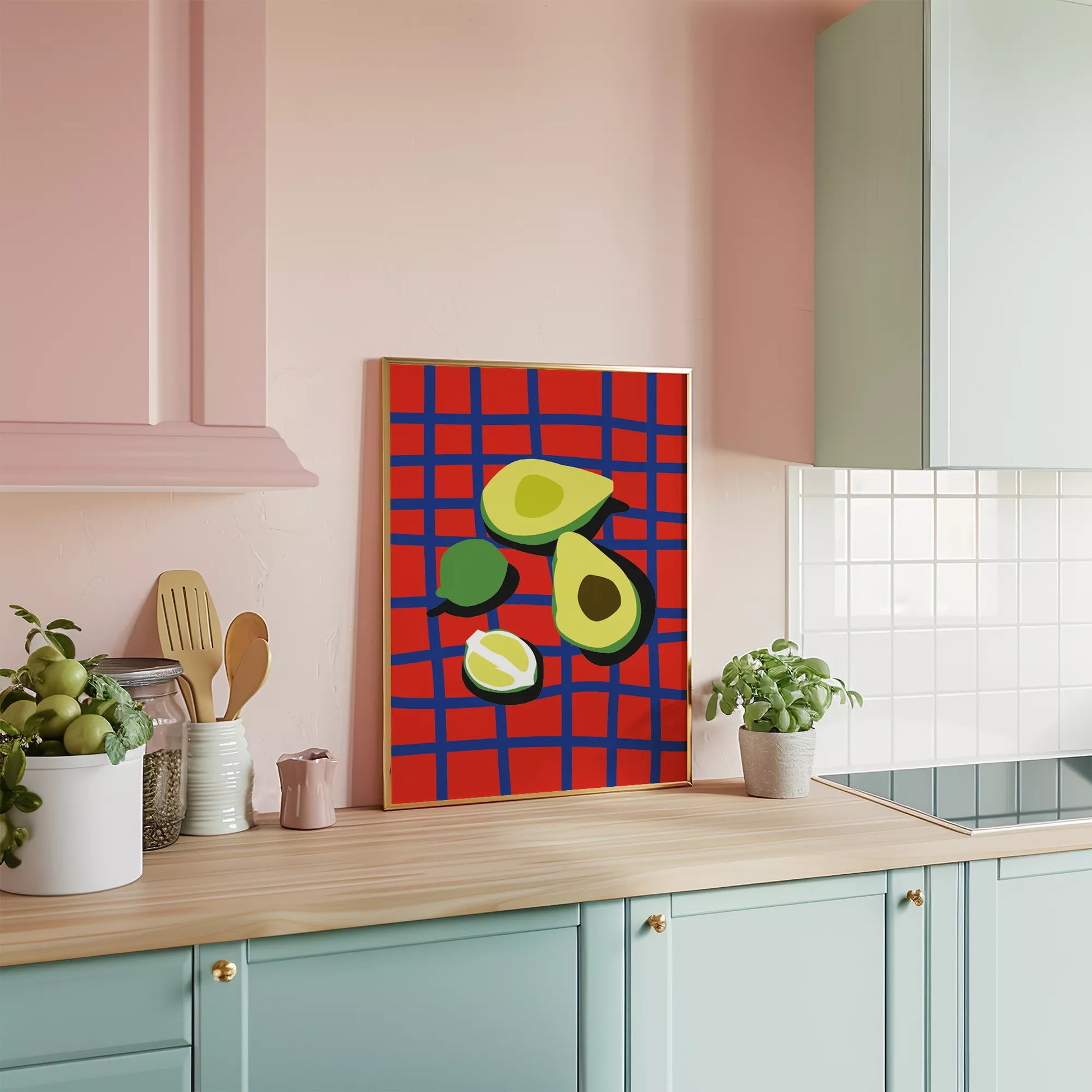 アボカドポップアート 赤青カラフルポスター キッチンアート