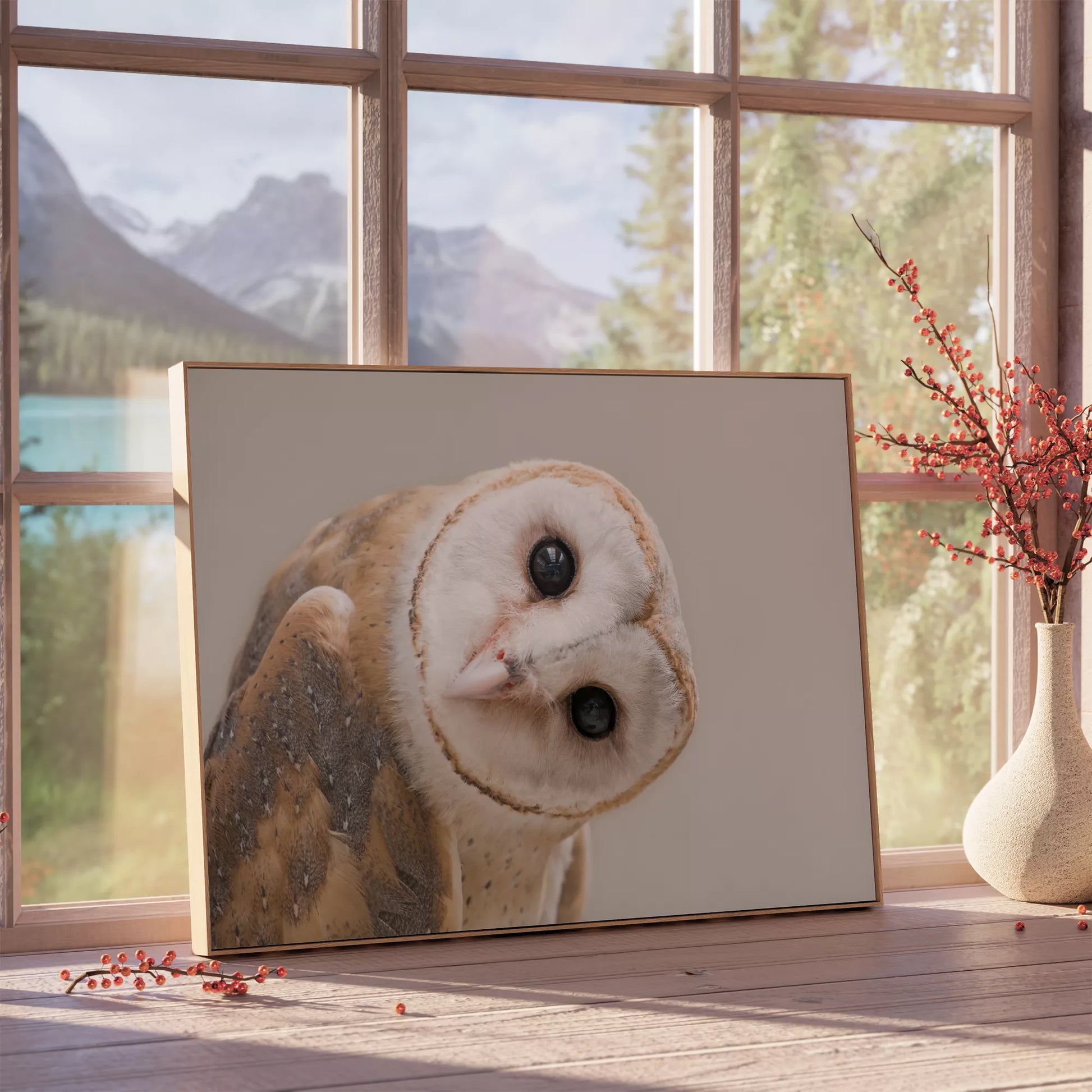 優しい表情のメンフクロウのクローズアップ写真、淡いベージュ背景