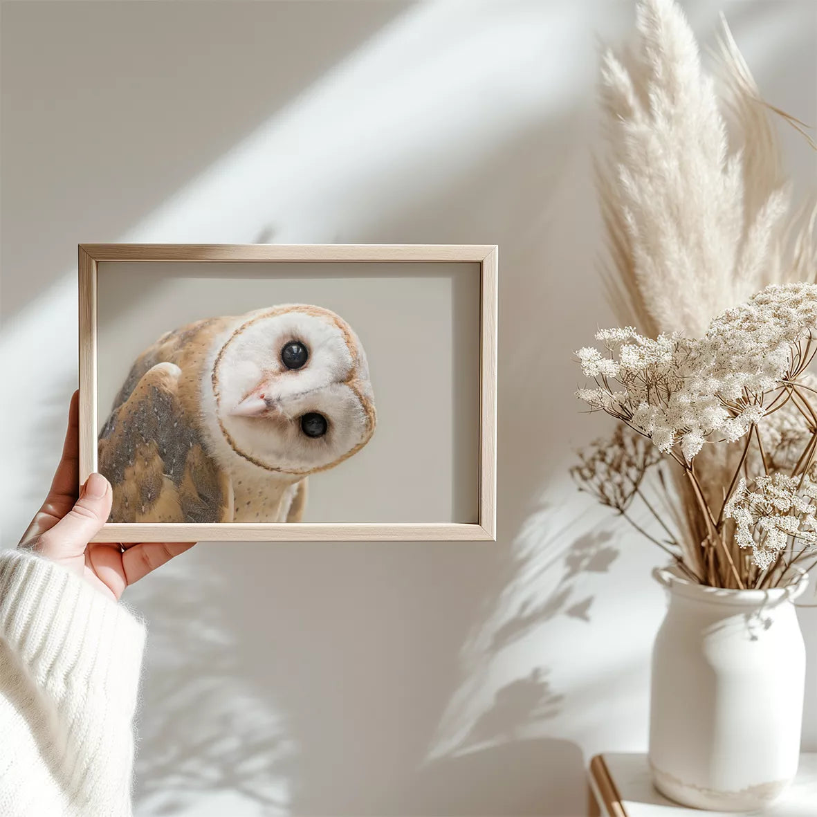 優しい表情のメンフクロウのクローズアップ写真、淡いベージュ背景