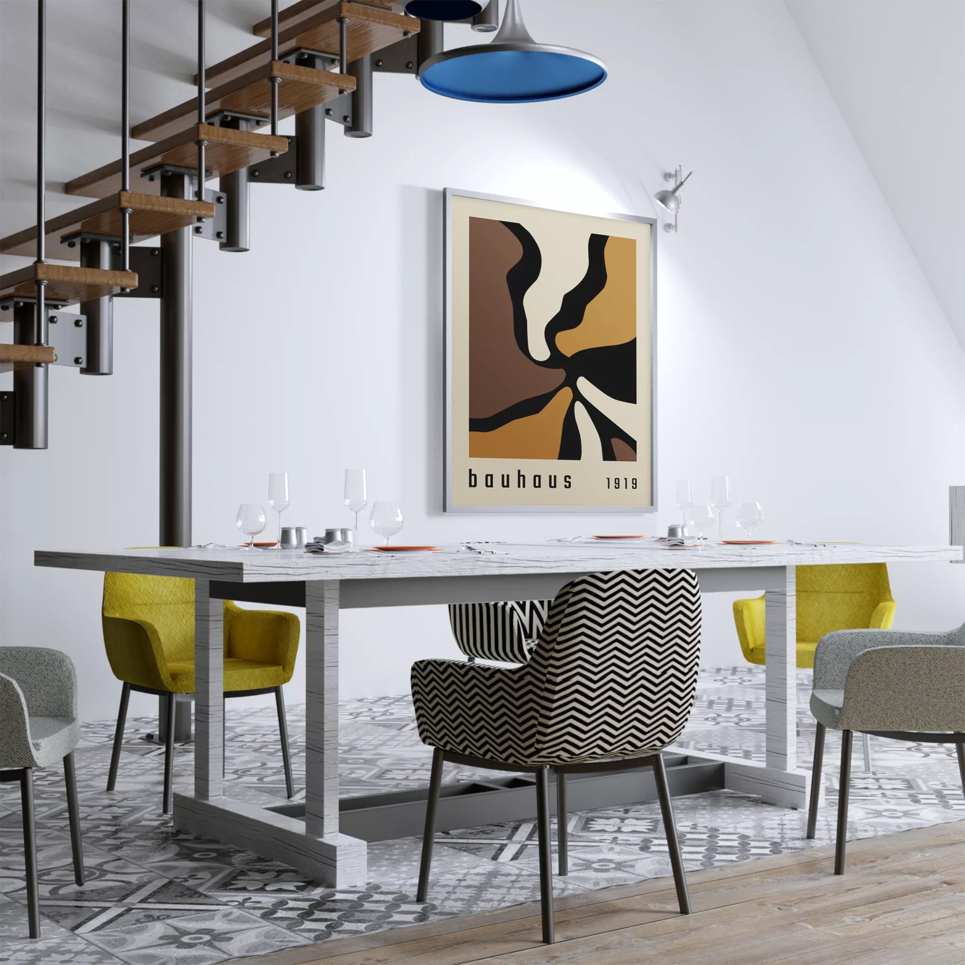 バウハウス様式の抽象的なアートワーク、茶色とゴールドの幾何学的なデザイン