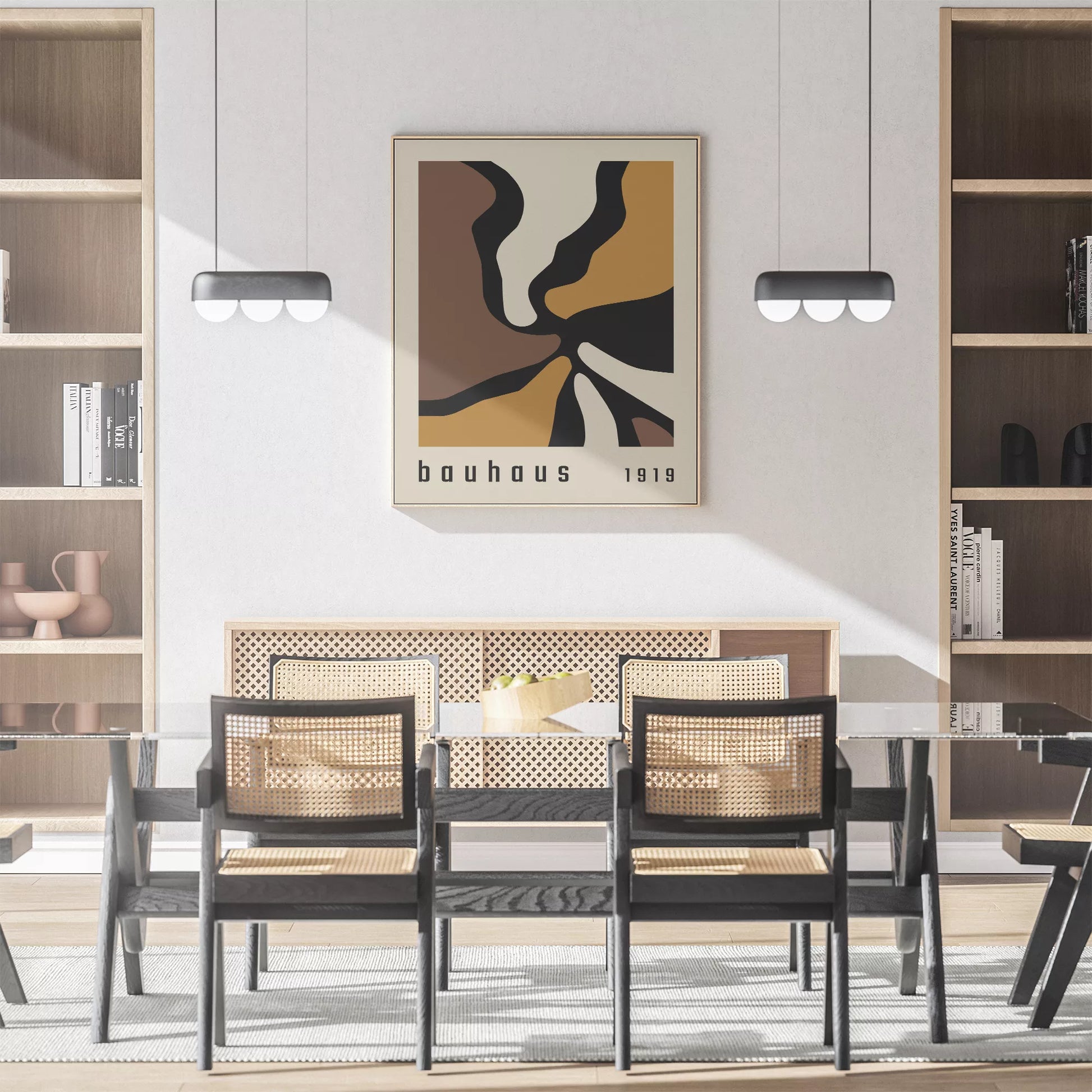 バウハウス様式の抽象的なアートワーク、茶色とゴールドの幾何学的なデザイン