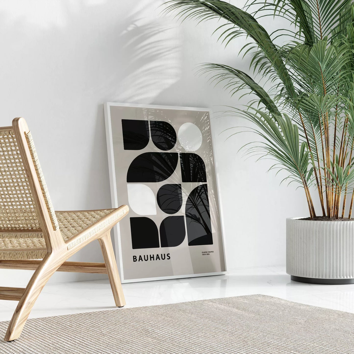 モダンなバウハウス様式の幾何学的なアートプリント、白と黒のミニマルデザイン