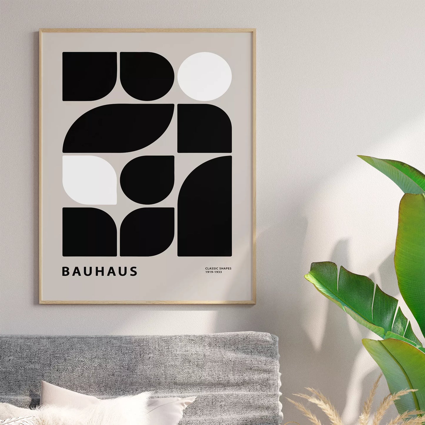 モダンなバウハウス様式の幾何学的なアートプリント、白と黒のミニマルデザイン