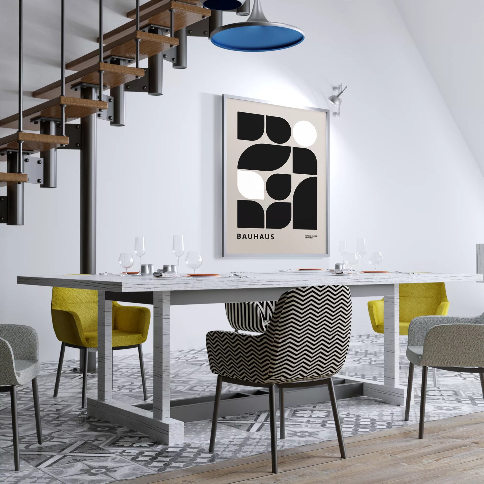 モダンなバウハウス様式の幾何学的なアートプリント、白と黒のミニマルデザイン