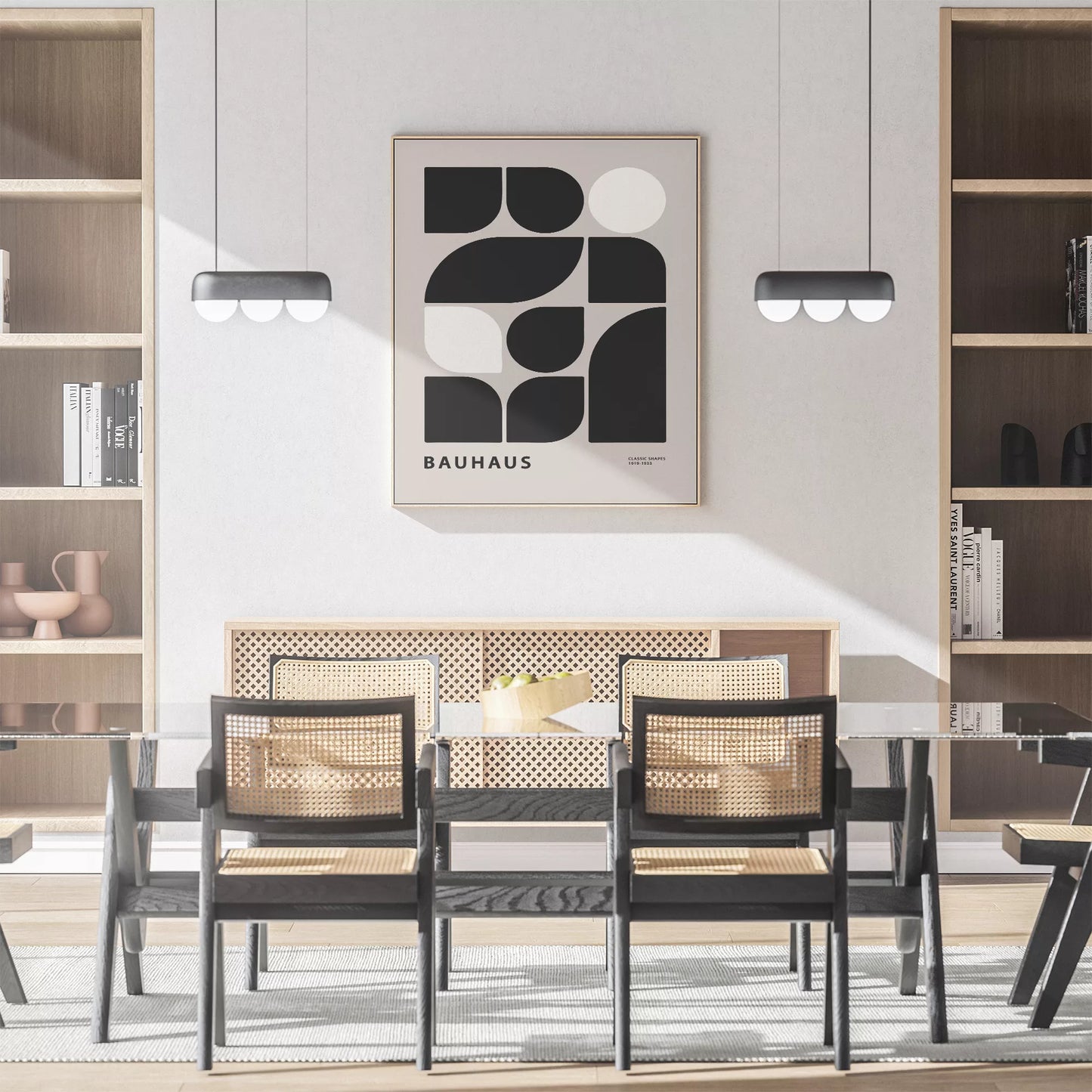 モダンなバウハウス様式の幾何学的なアートプリント、白と黒のミニマルデザイン