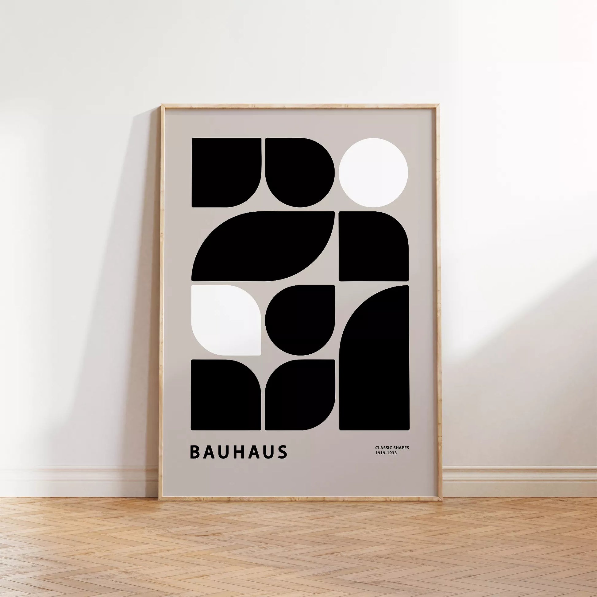 モダンなバウハウス様式の幾何学的なアートプリント、白と黒のミニマルデザイン