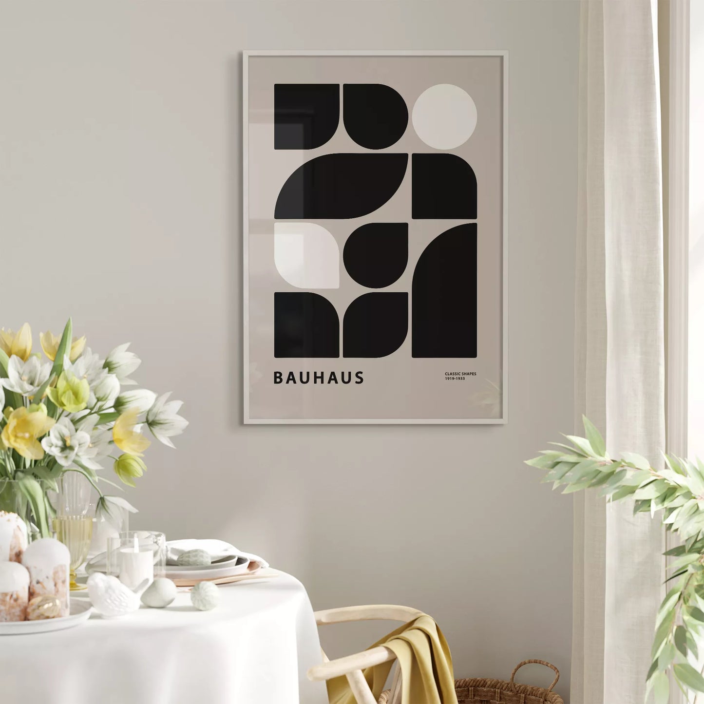 モダンなバウハウス様式の幾何学的なアートプリント、白と黒のミニマルデザイン