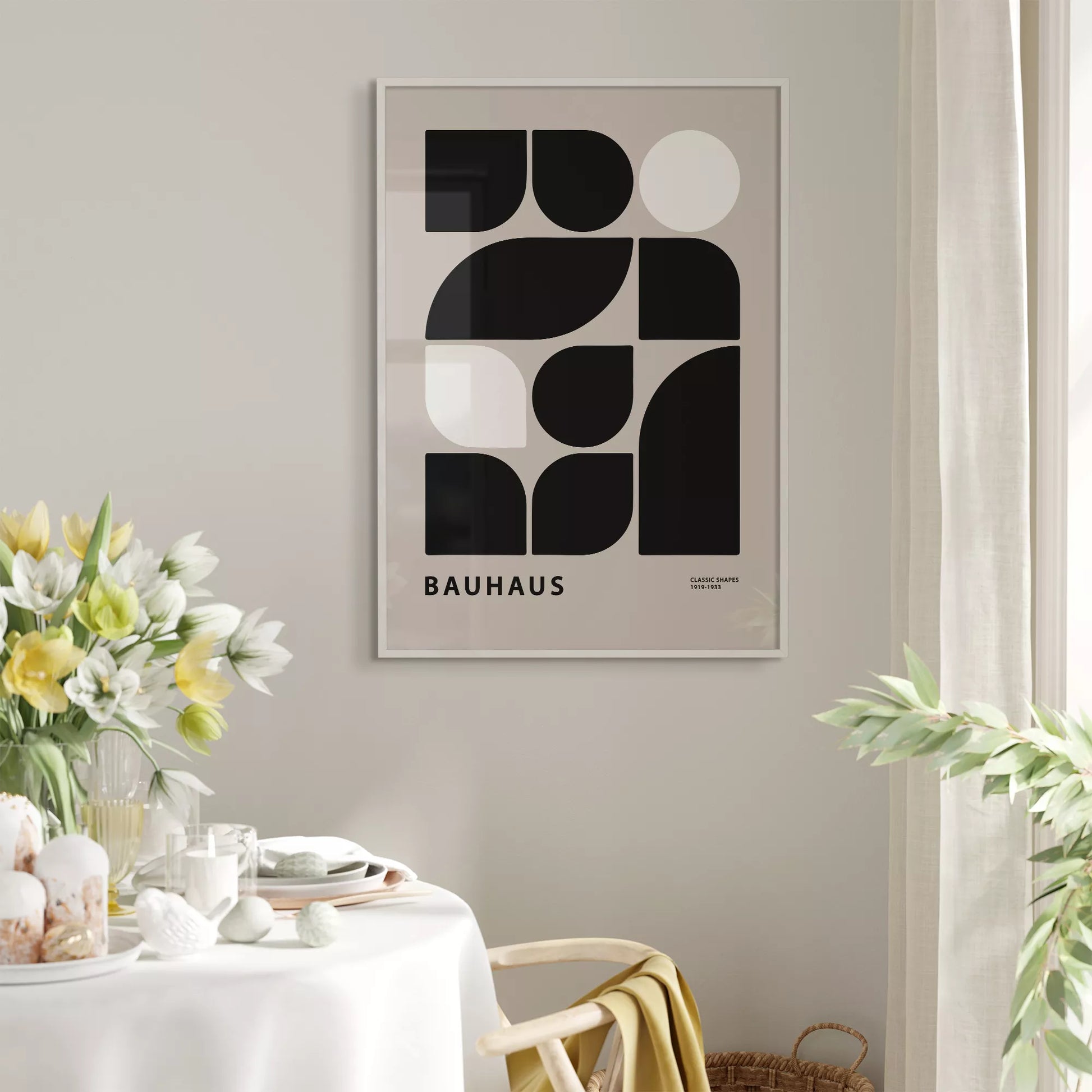 モダンなバウハウス様式の幾何学的なアートプリント、白と黒のミニマルデザイン