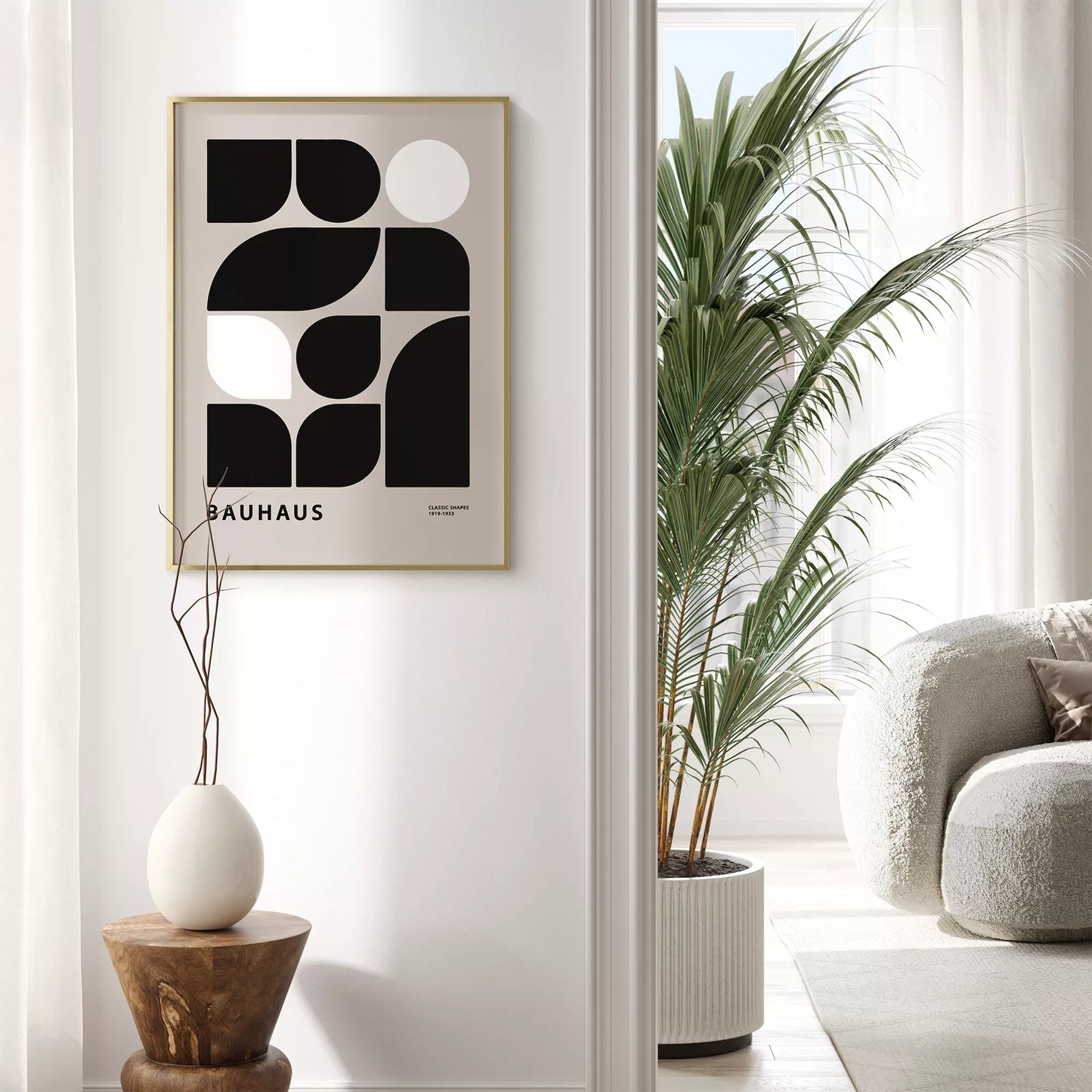 モダンなバウハウス様式の幾何学的なアートプリント、白と黒のミニマルデザイン