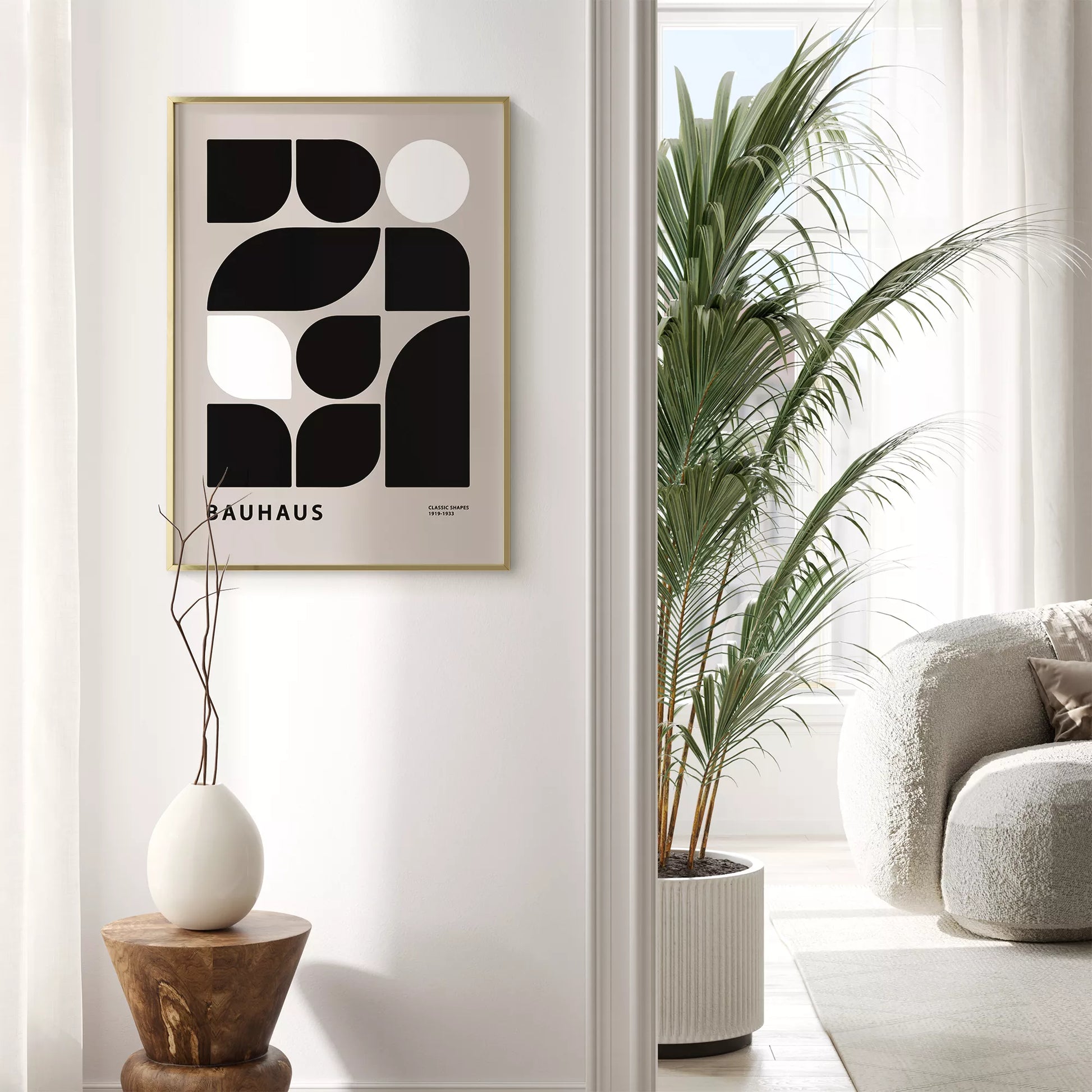 モダンなバウハウス様式の幾何学的なアートプリント、白と黒のミニマルデザイン