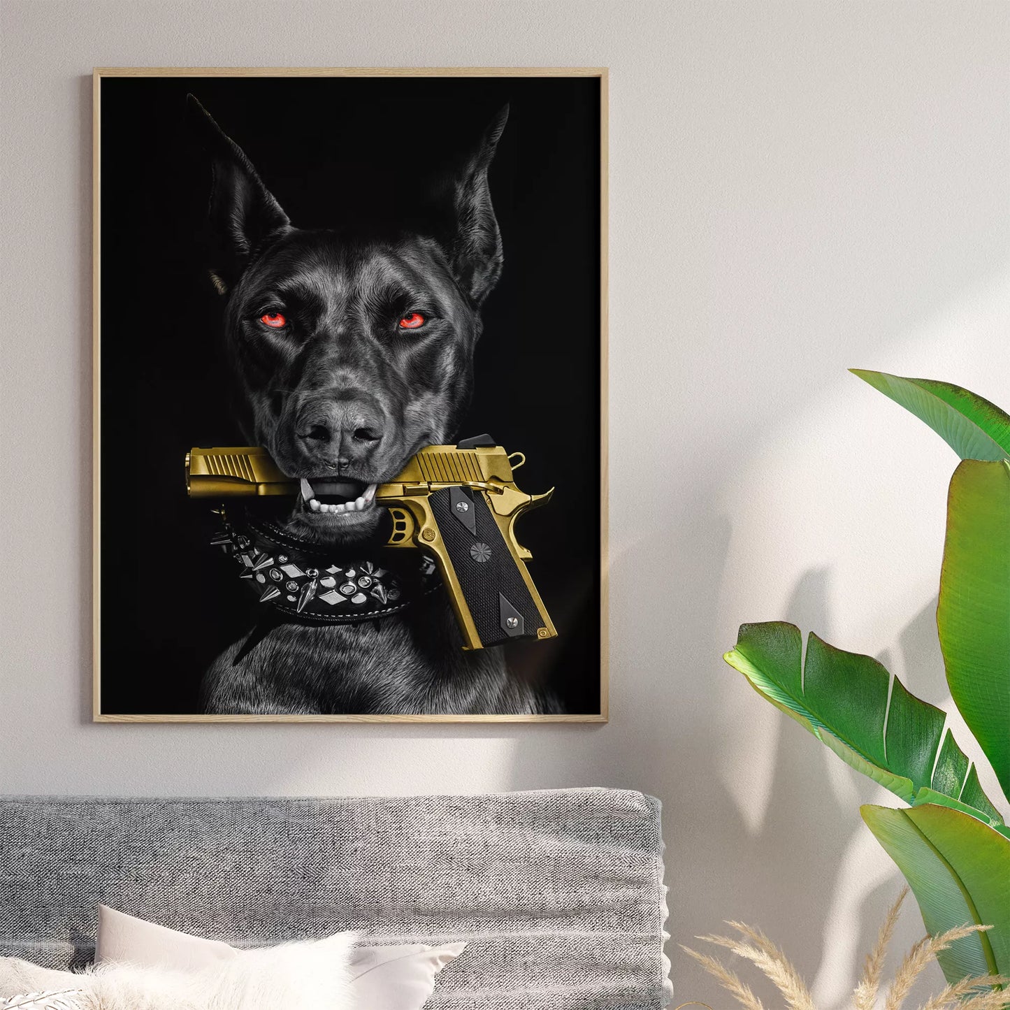 黒いドーベルマンと金色の拳銃のダークアート写真