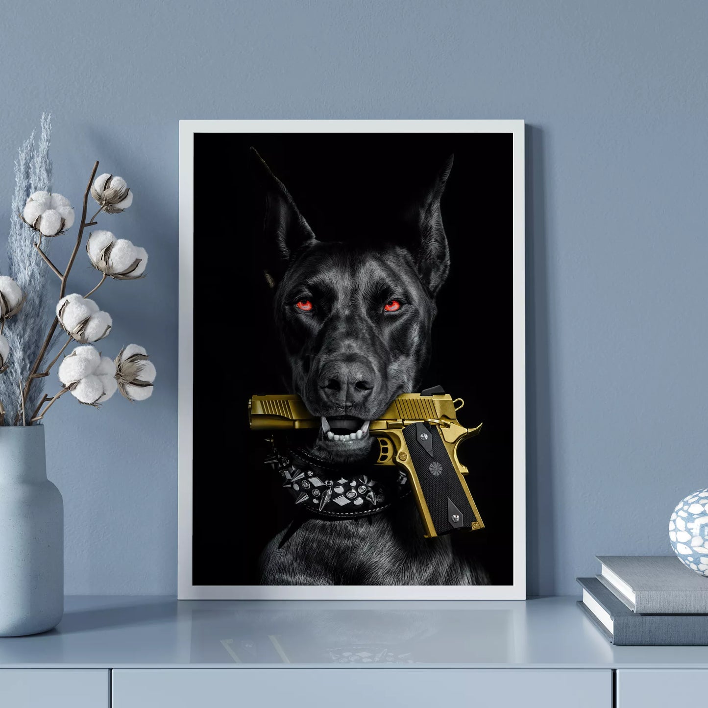 黒いドーベルマンと金色の拳銃のダークアート写真