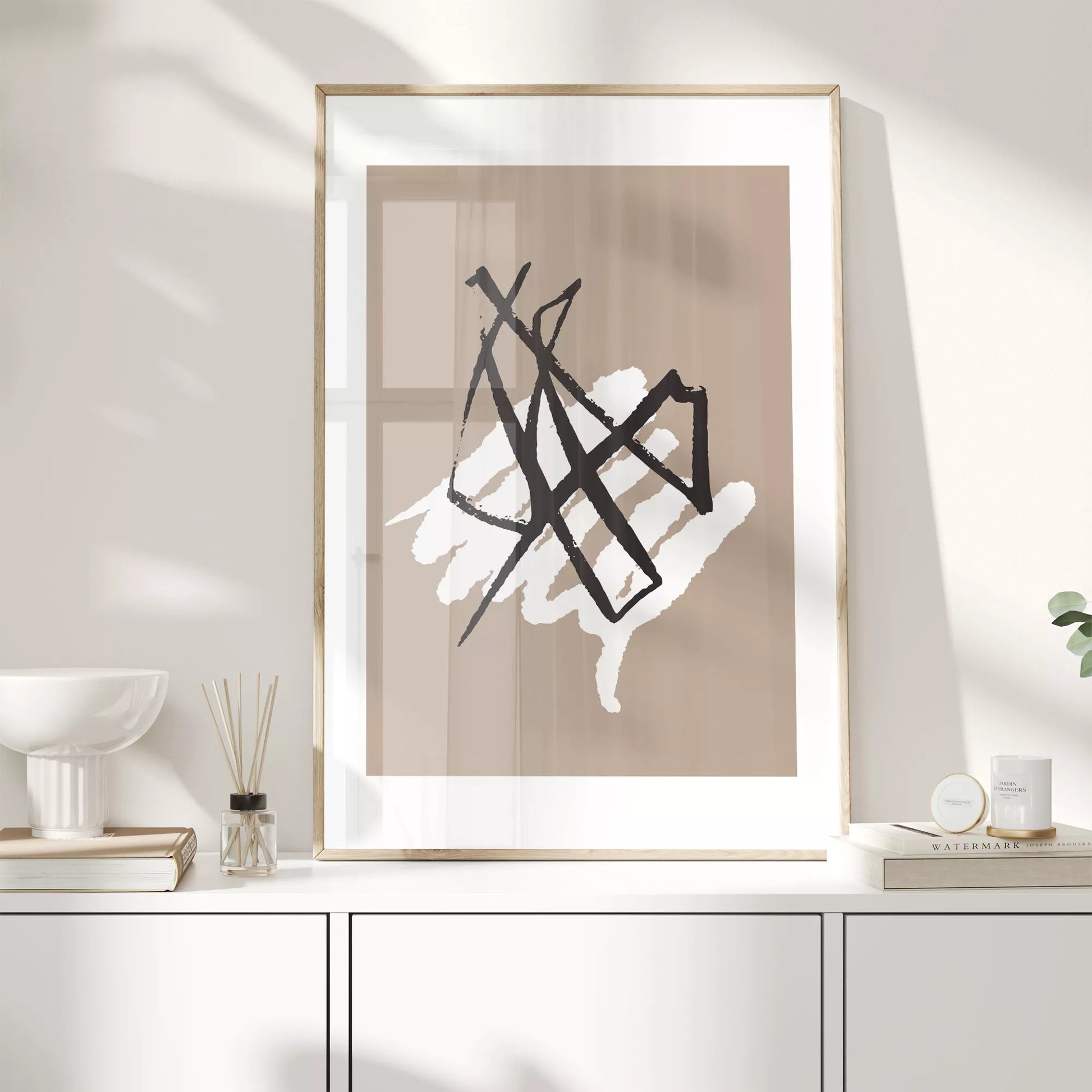 ブラックラインとホワイトテクスチャの抽象アートポスター 北欧ミニマル