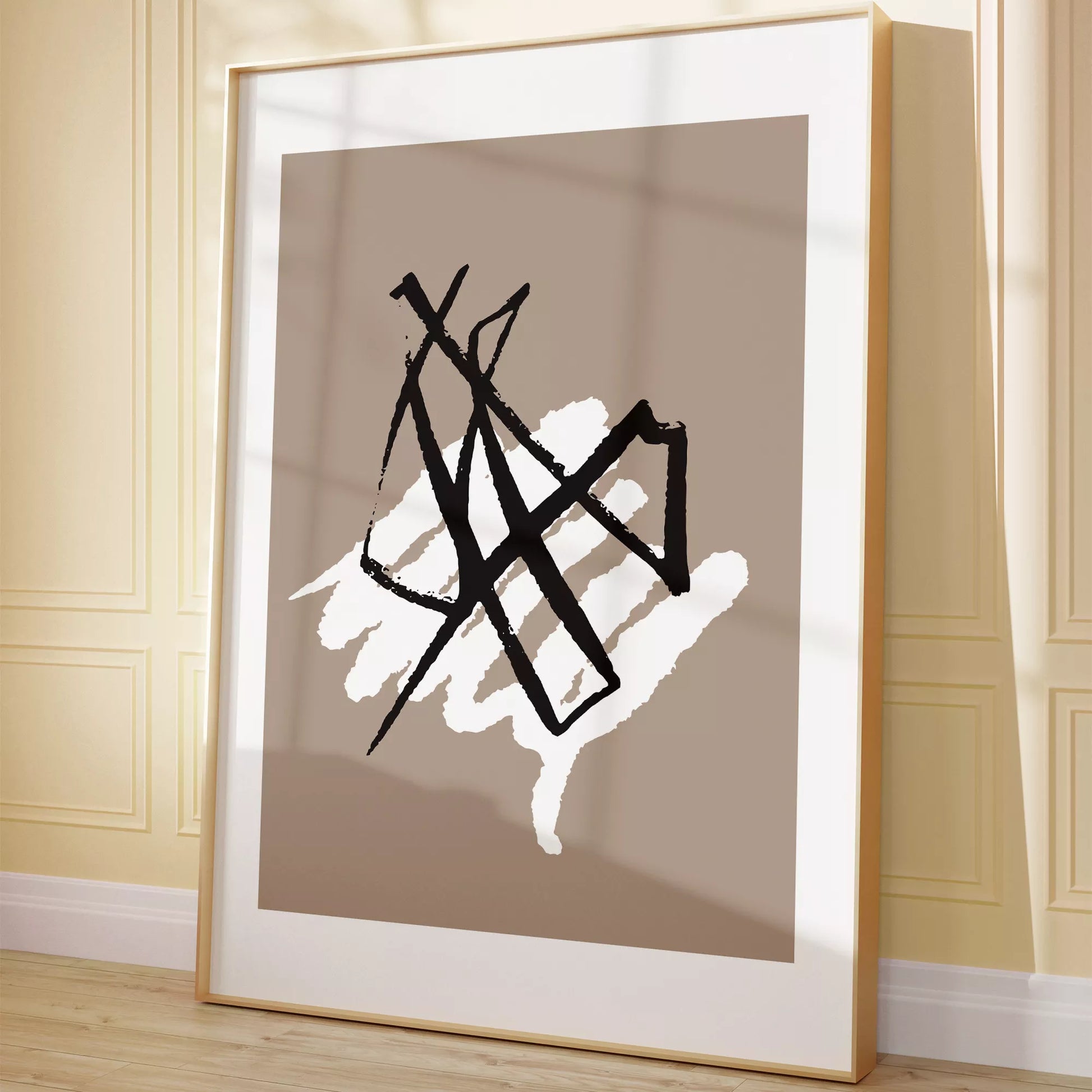 ブラックラインとホワイトテクスチャの抽象アートポスター 北欧ミニマル