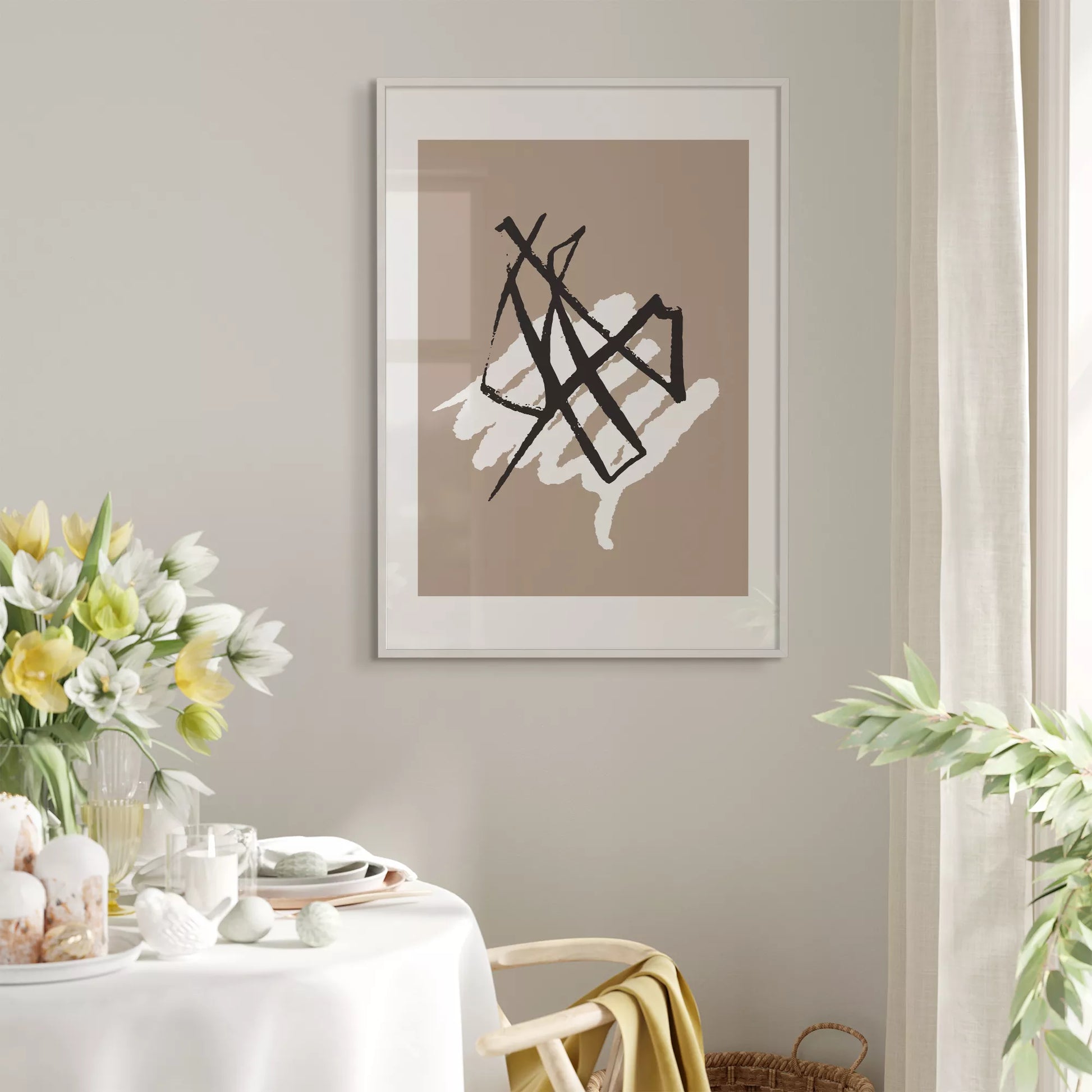 ブラックラインとホワイトテクスチャの抽象アートポスター 北欧ミニマル