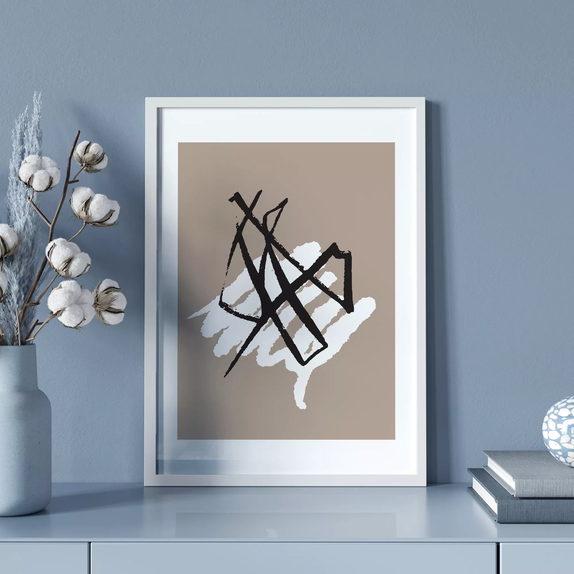 ブラックラインとホワイトテクスチャの抽象アートポスター 北欧ミニマル