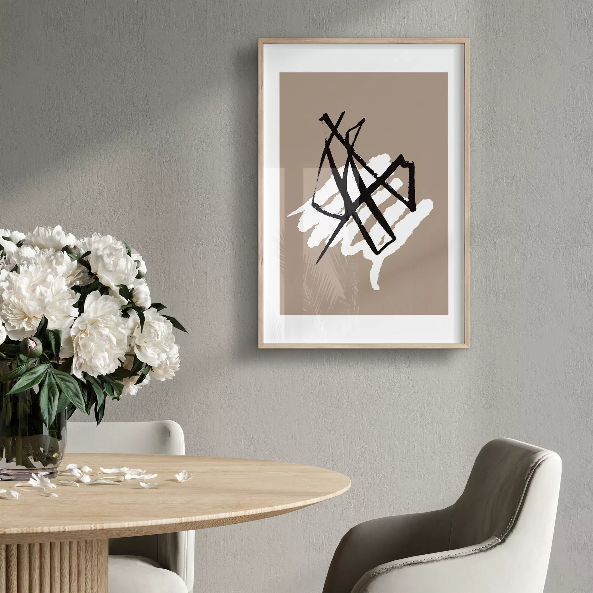 ブラックラインとホワイトテクスチャの抽象アートポスター 北欧ミニマル