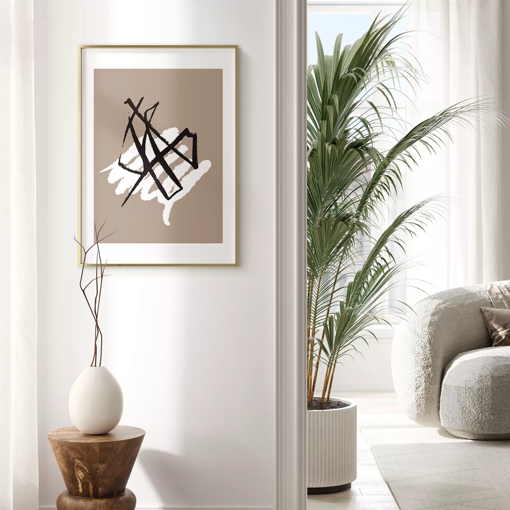 ブラックラインとホワイトテクスチャの抽象アートポスター 北欧ミニマル