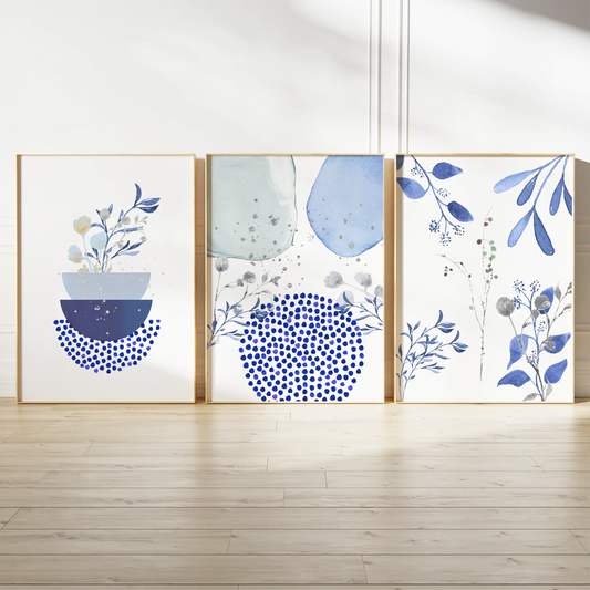 ブルーのボタニカル水彩ドットが爽やかな抽象アートポスター 北欧モダン 3枚セット