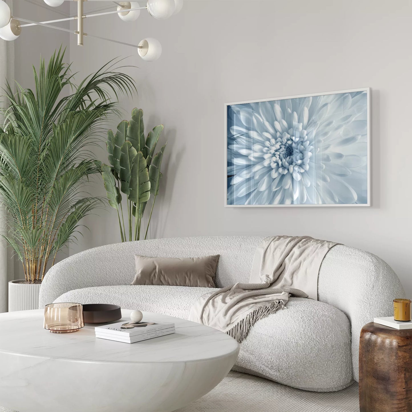 淡いブルーの菊の花のクローズアップ、モノクロームボタニカルアートポスター