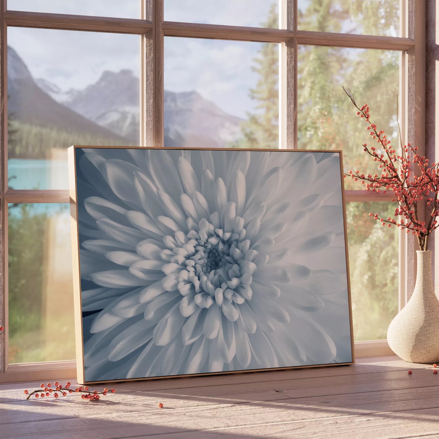 淡いブルーの菊の花のクローズアップ、モノクロームボタニカルアートポスター