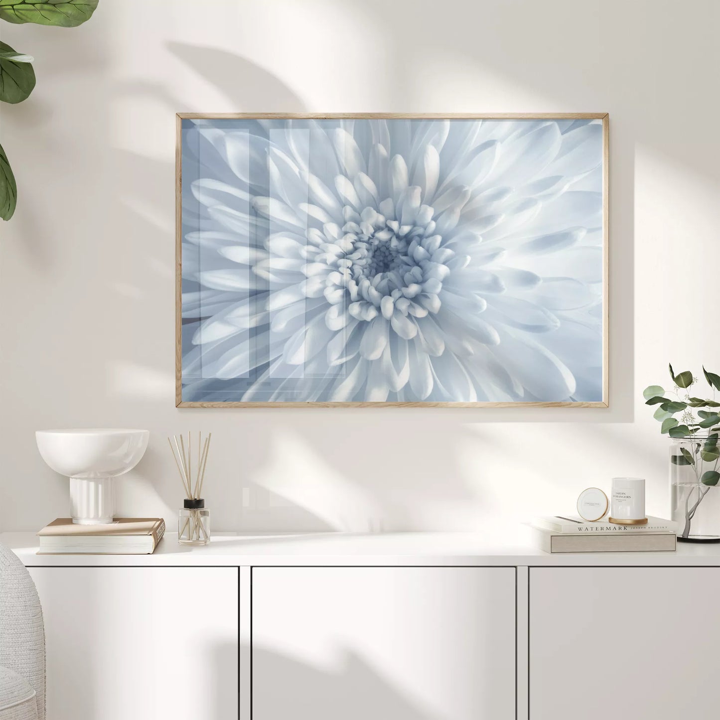 淡いブルーの菊の花のクローズアップ、モノクロームボタニカルアートポスター