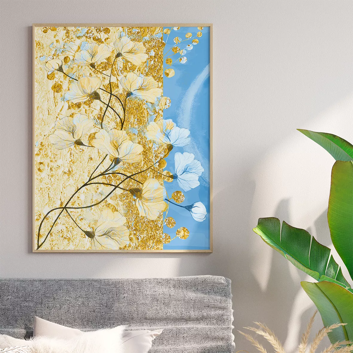 青と金の抽象的な花柄アート3枚セット、モダンな壁掛けデザイン