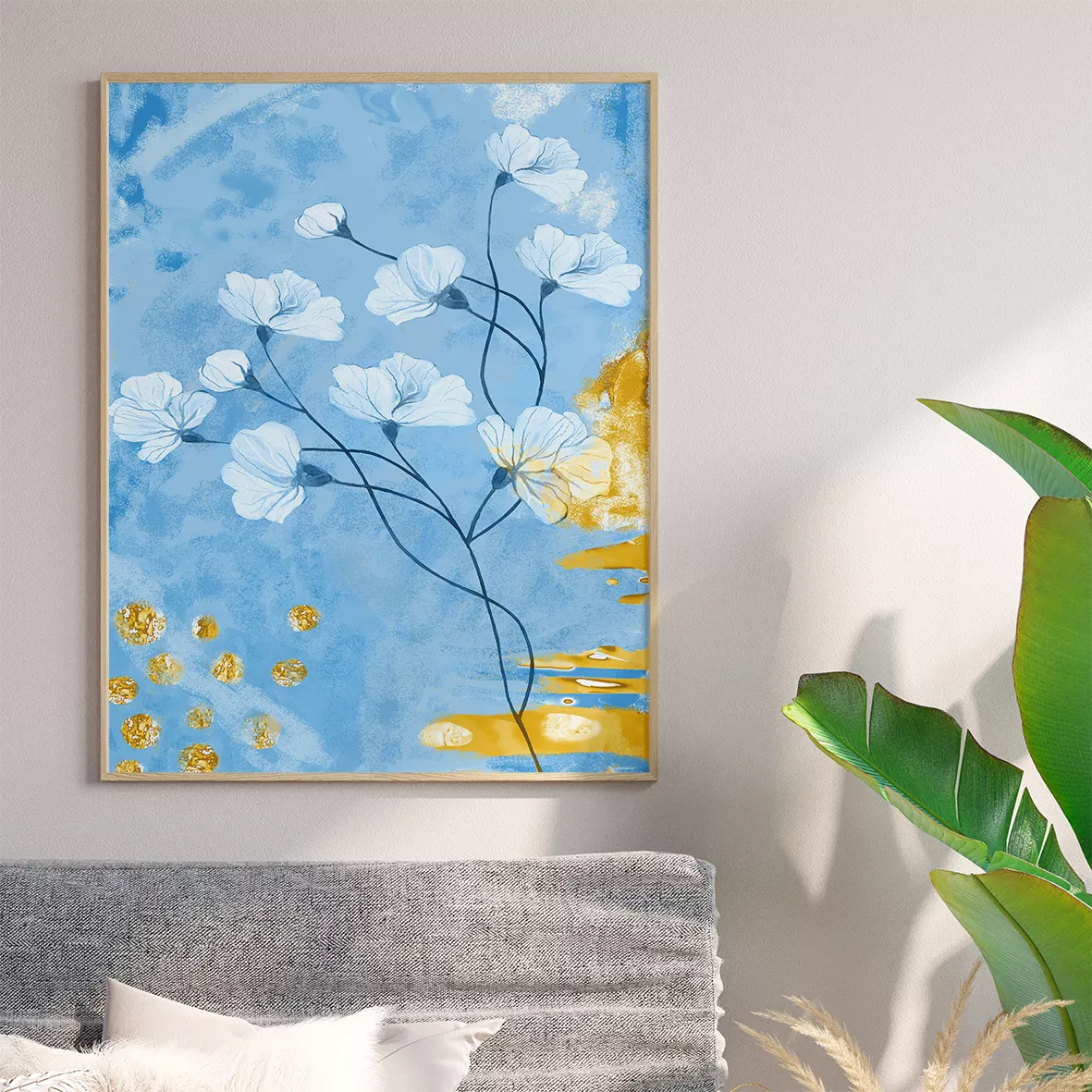 青と金の抽象的な花柄アート3枚セット、モダンな壁掛けデザイン