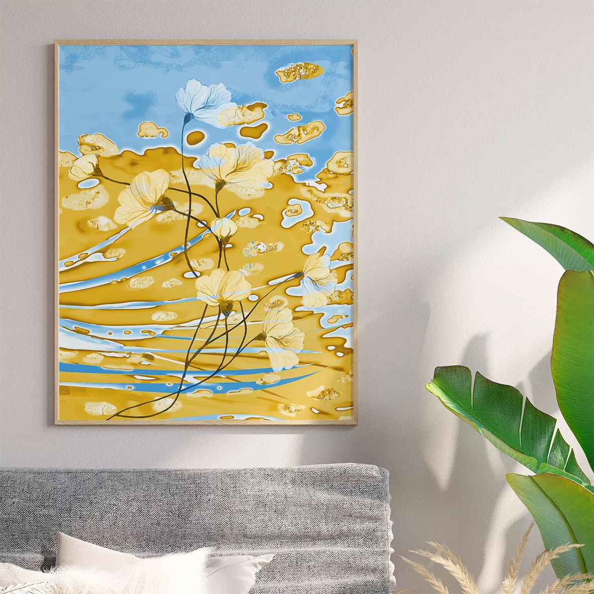 青と金の抽象的な花柄アート3枚セット、モダンな壁掛けデザイン