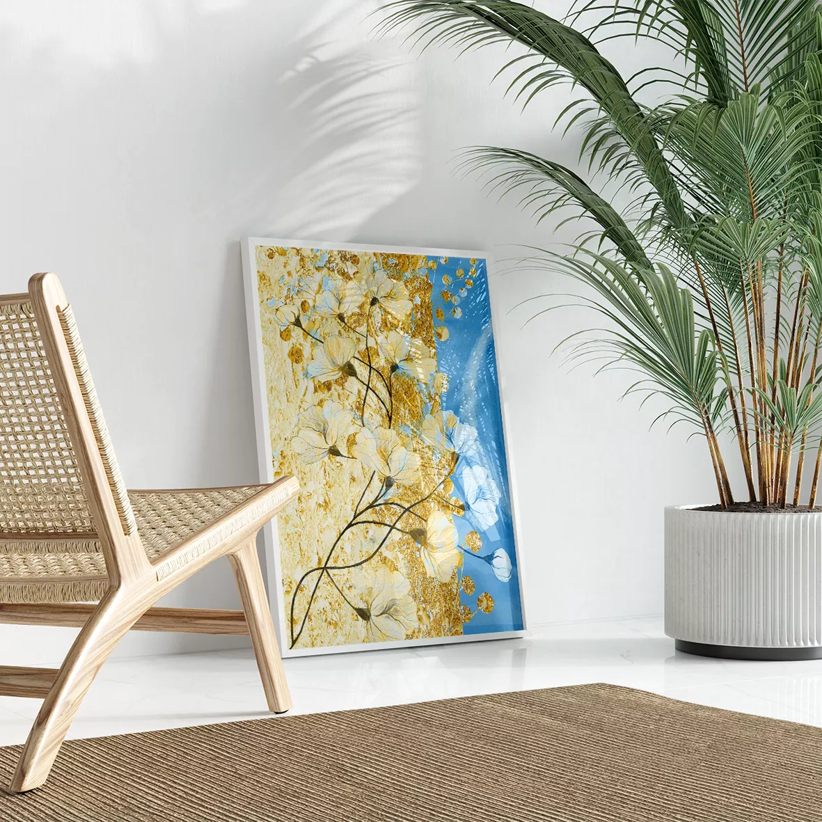 青と金の抽象的な花柄アート3枚セット、モダンな壁掛けデザイン