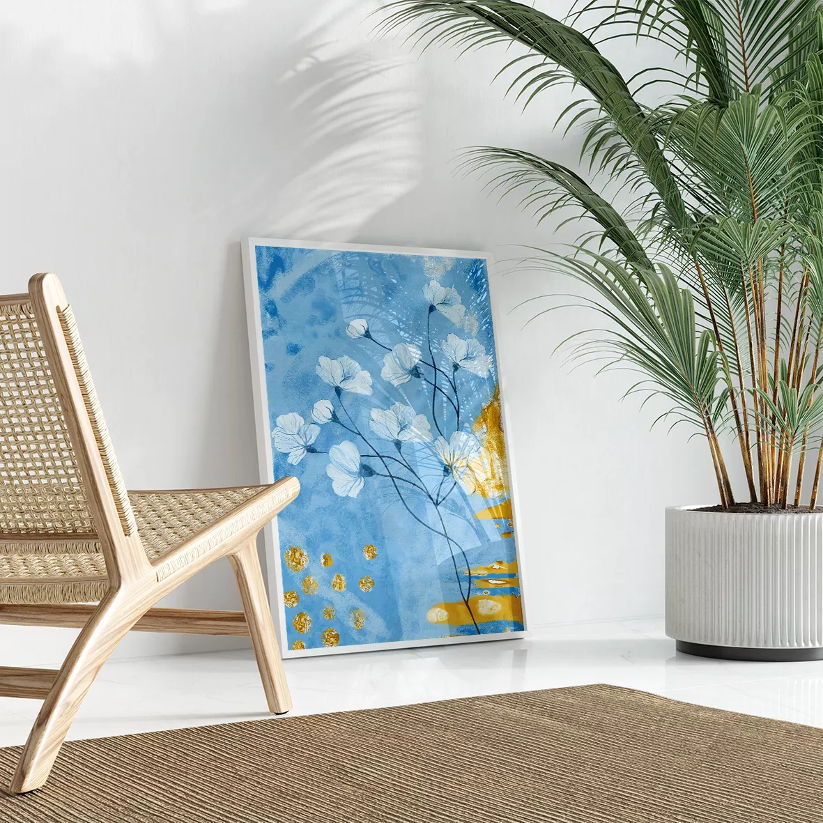 青と金の抽象的な花柄アート3枚セット、モダンな壁掛けデザイン