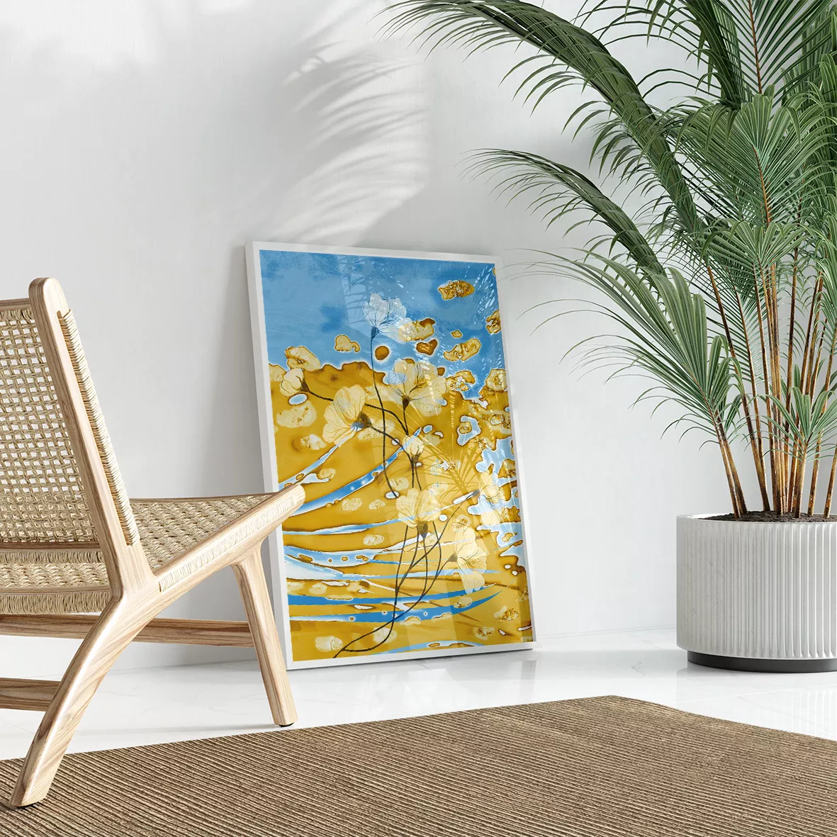 青と金の抽象的な花柄アート3枚セット、モダンな壁掛けデザイン