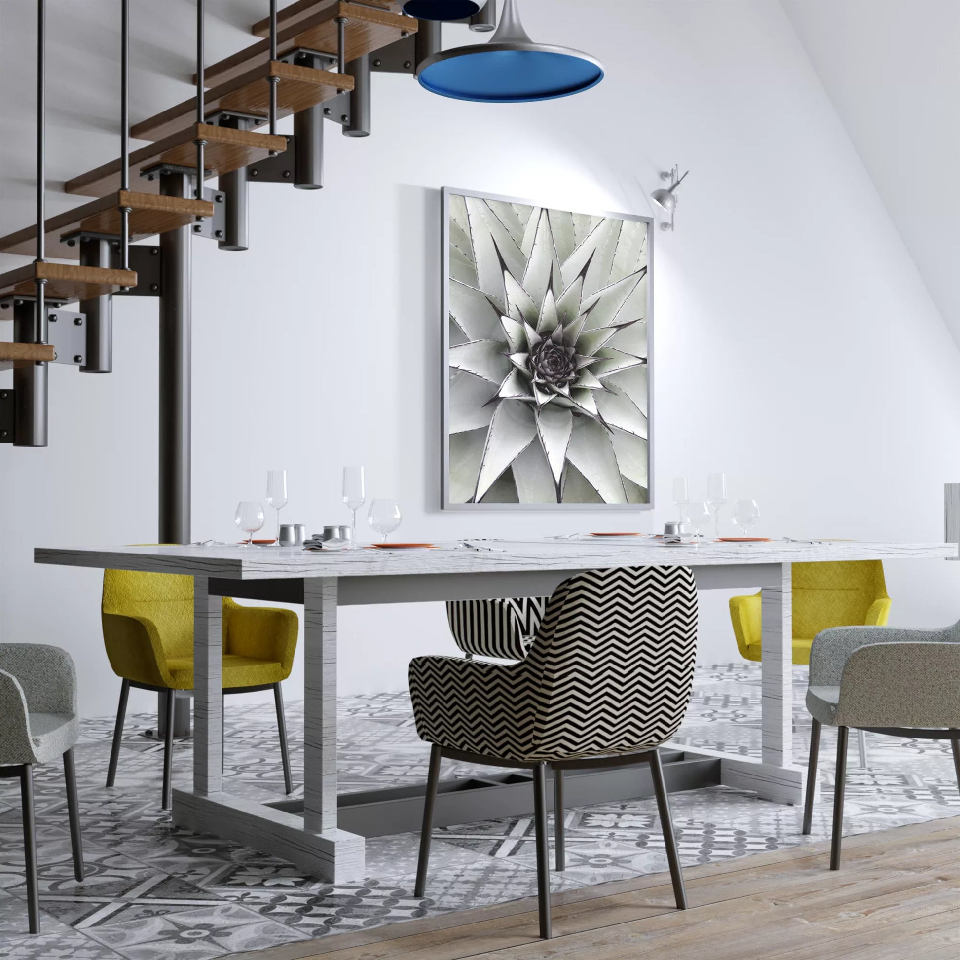 シルバーグレーのアガベの葉が放射状に広がる幾何学的なマクロ写真、モダンなボタニカルアート