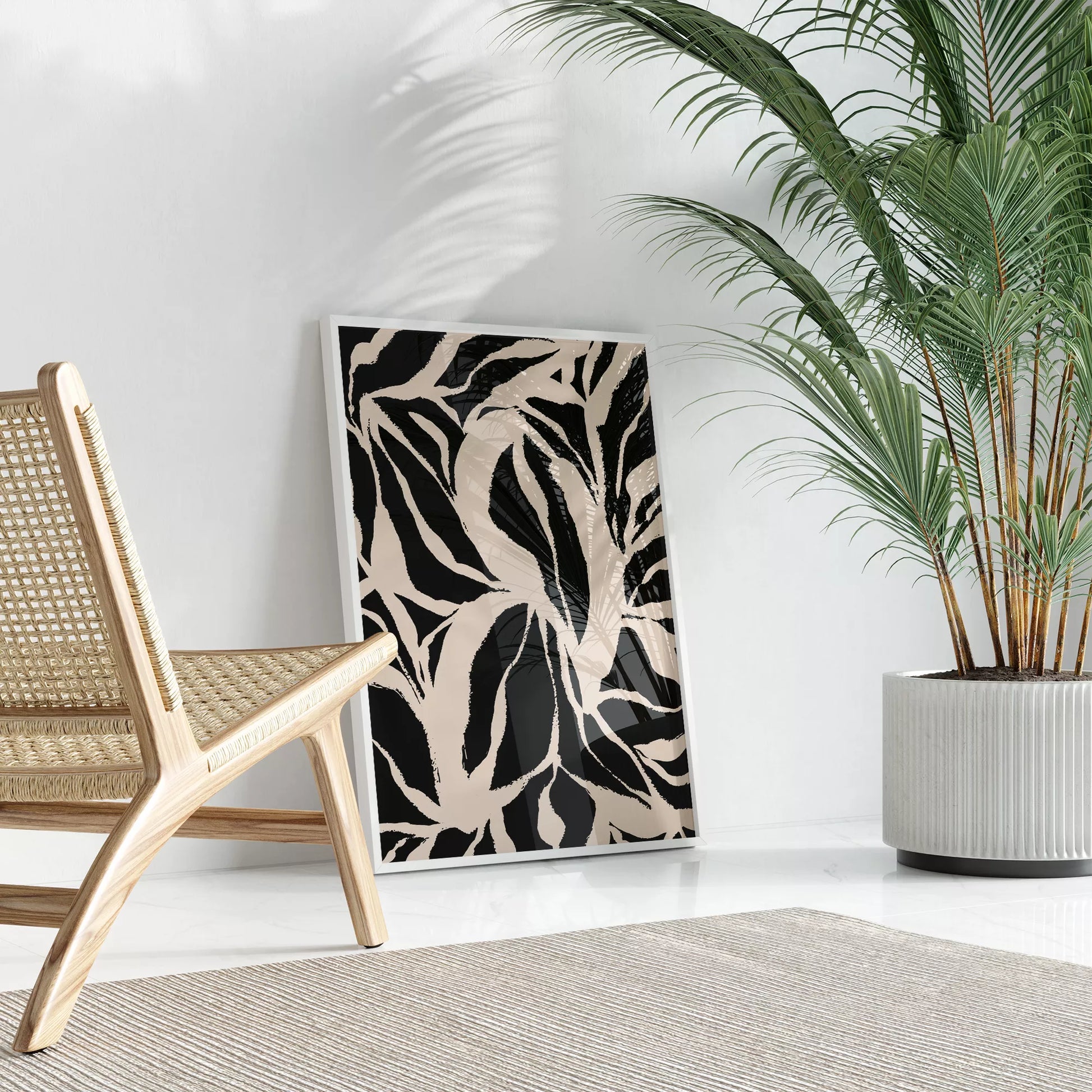 モダンな白黒の植物パターン、大胆な葉のシルエットアート