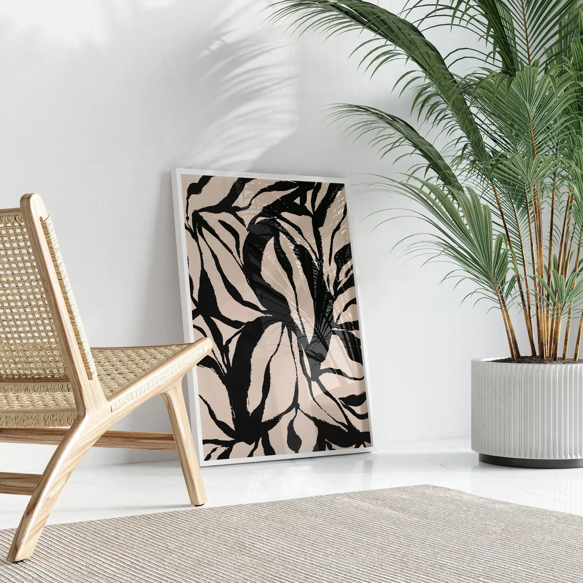 モダンな黒白の葉模様アート、北欧インテリアデザイン