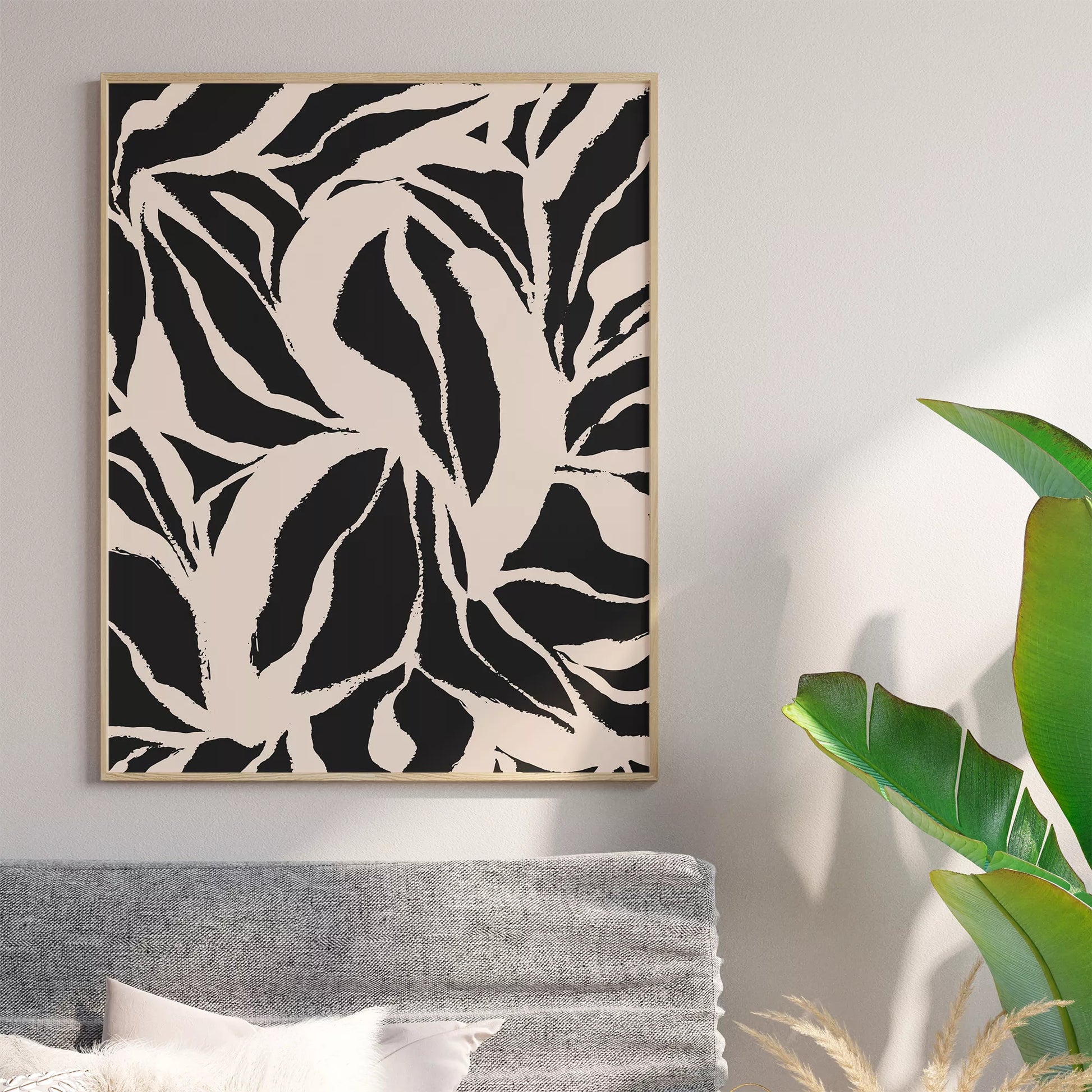 モダンな白黒の植物パターン、大胆な葉のシルエットアート