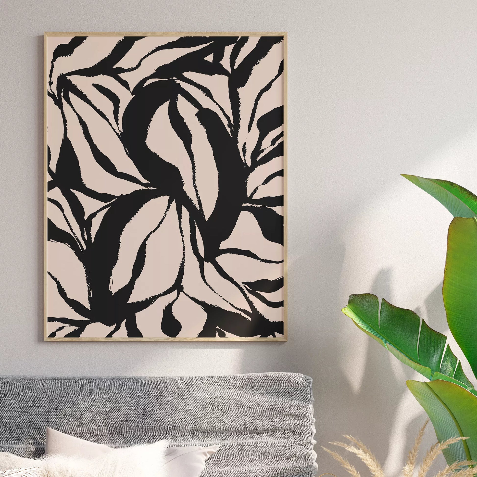 モダンな黒白の葉模様アート、北欧インテリアデザイン