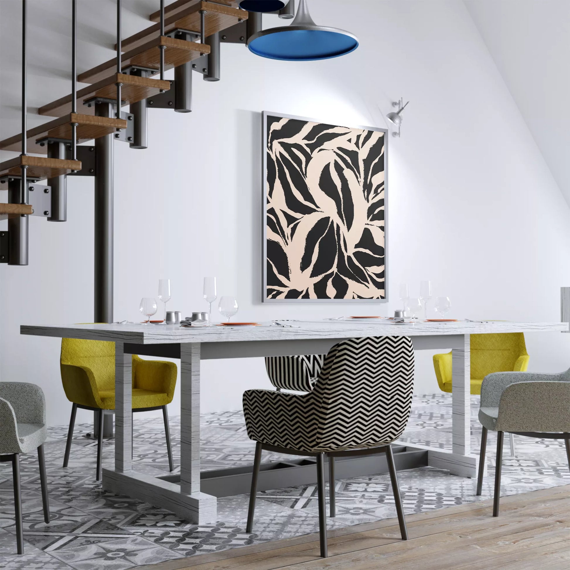 モダンな白黒の植物パターン、大胆な葉のシルエットアート