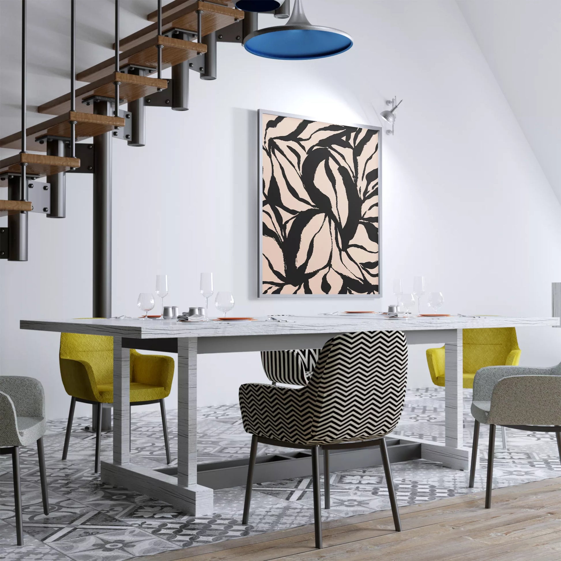 モダンな黒白の葉模様アート、北欧インテリアデザイン