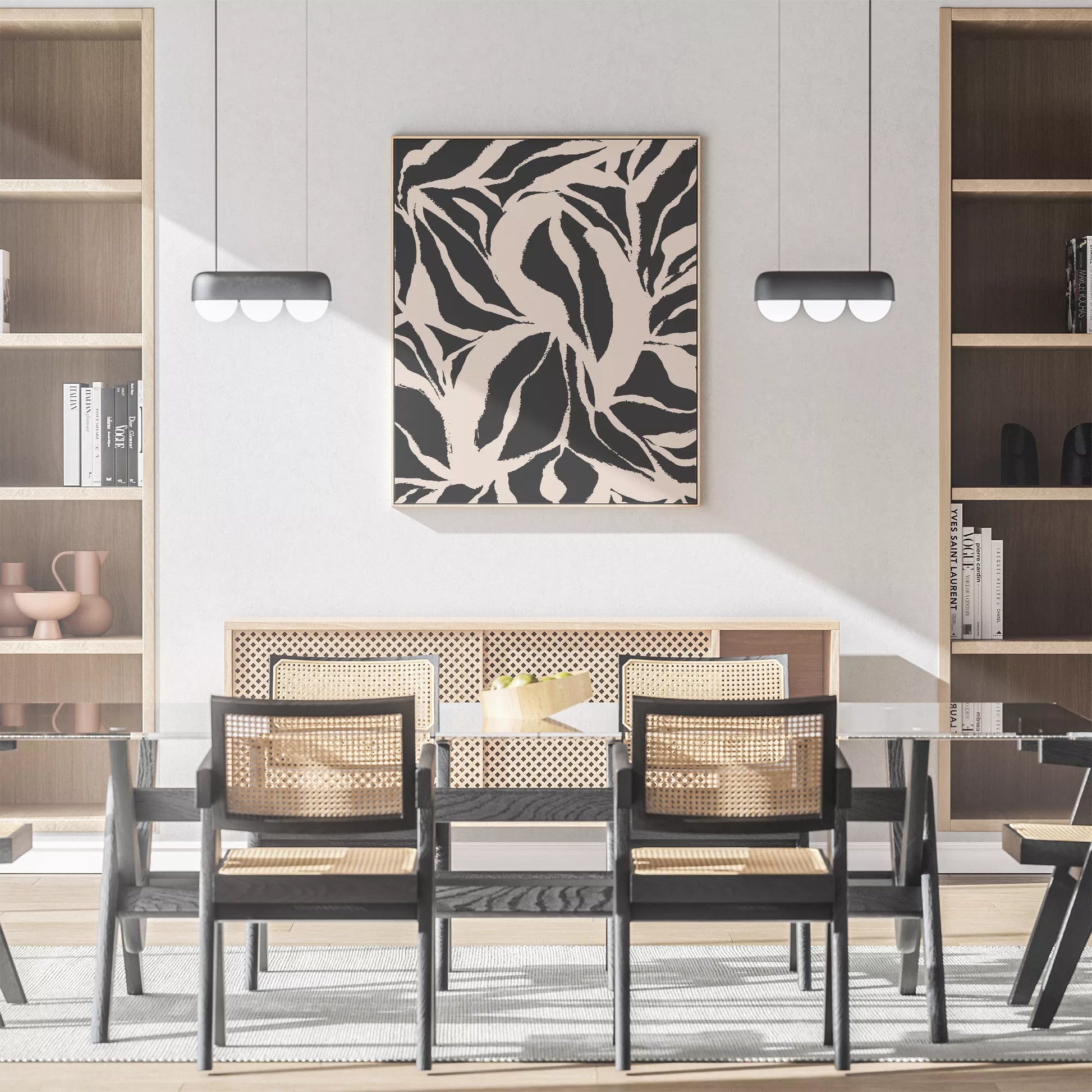 モダンな白黒の植物パターン、大胆な葉のシルエットアート