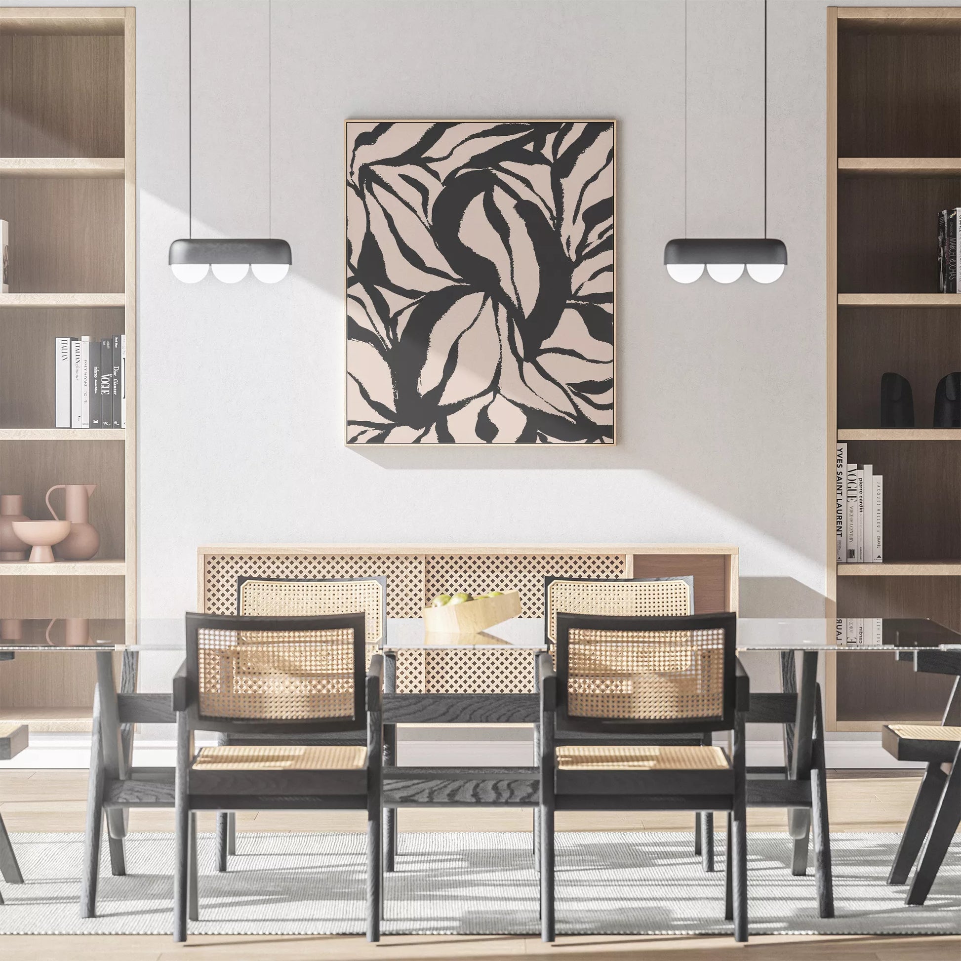 モダンな黒白の葉模様アート、北欧インテリアデザイン