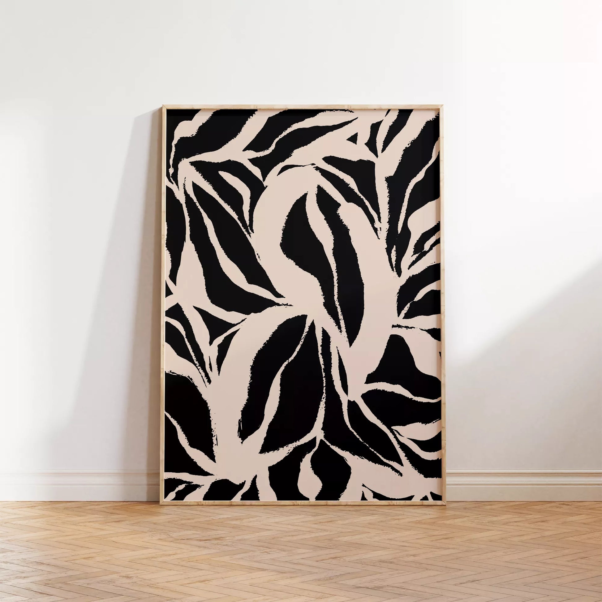 モダンな白黒の植物パターン、大胆な葉のシルエットアート