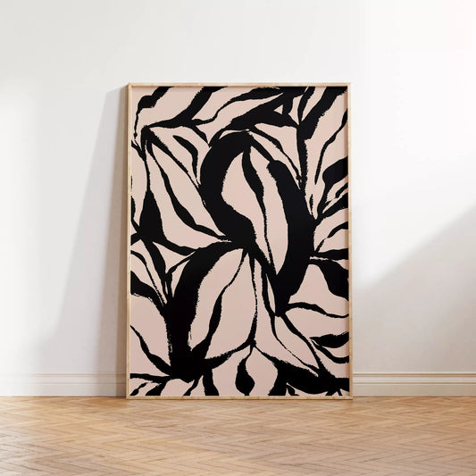 モダンな黒白の葉模様アート、北欧インテリアデザイン