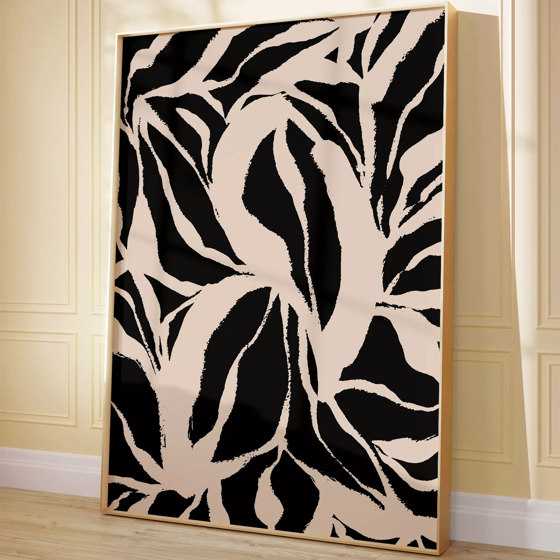 モダンな白黒の植物パターン、大胆な葉のシルエットアート
