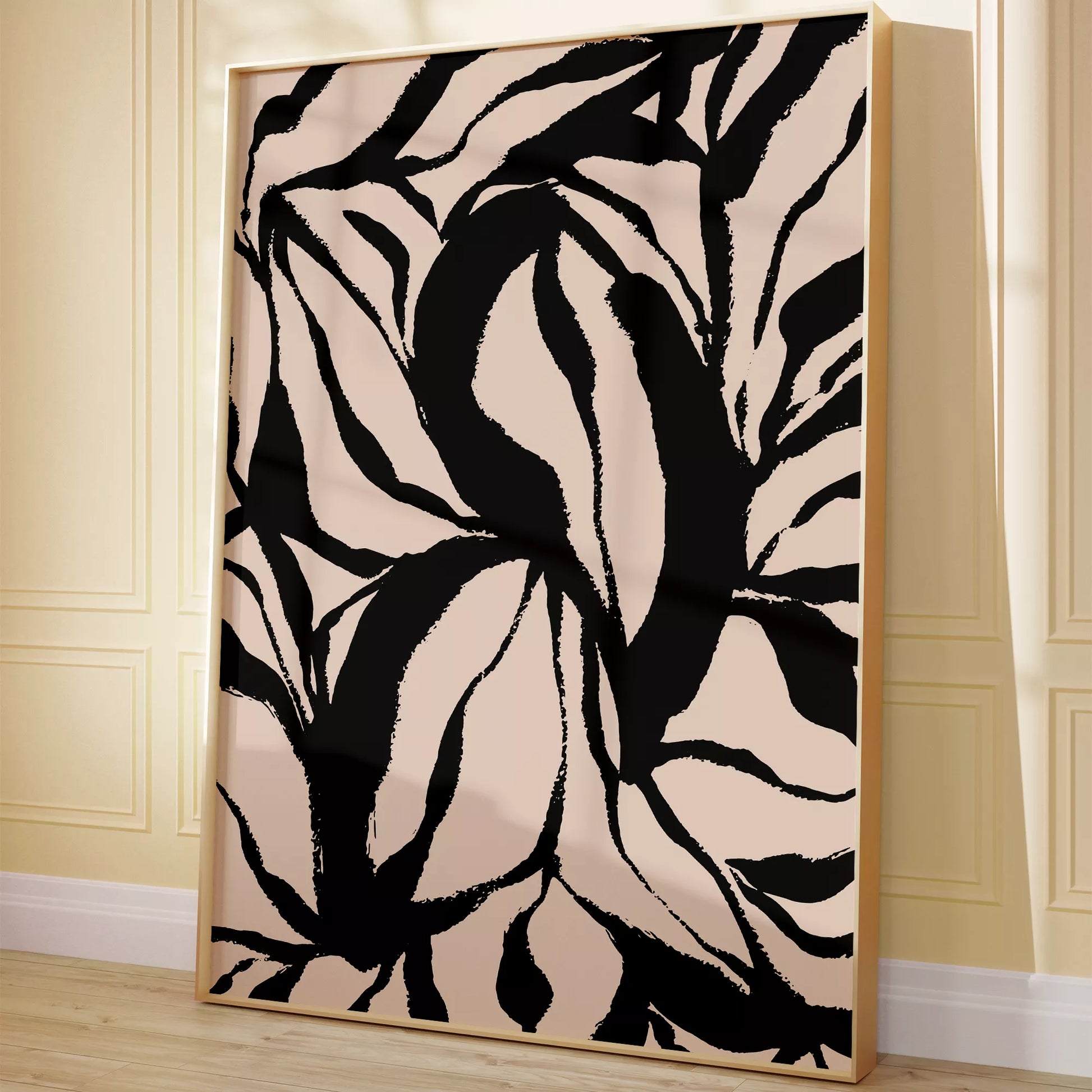 モダンな黒白の葉模様アート、北欧インテリアデザイン