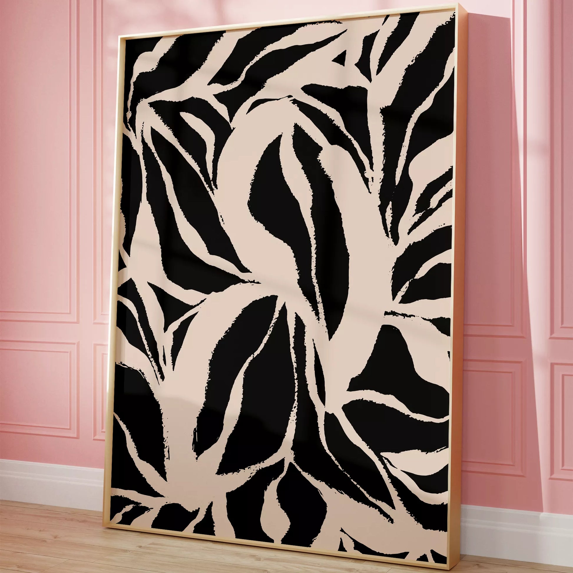 モダンな白黒の植物パターン、大胆な葉のシルエットアート