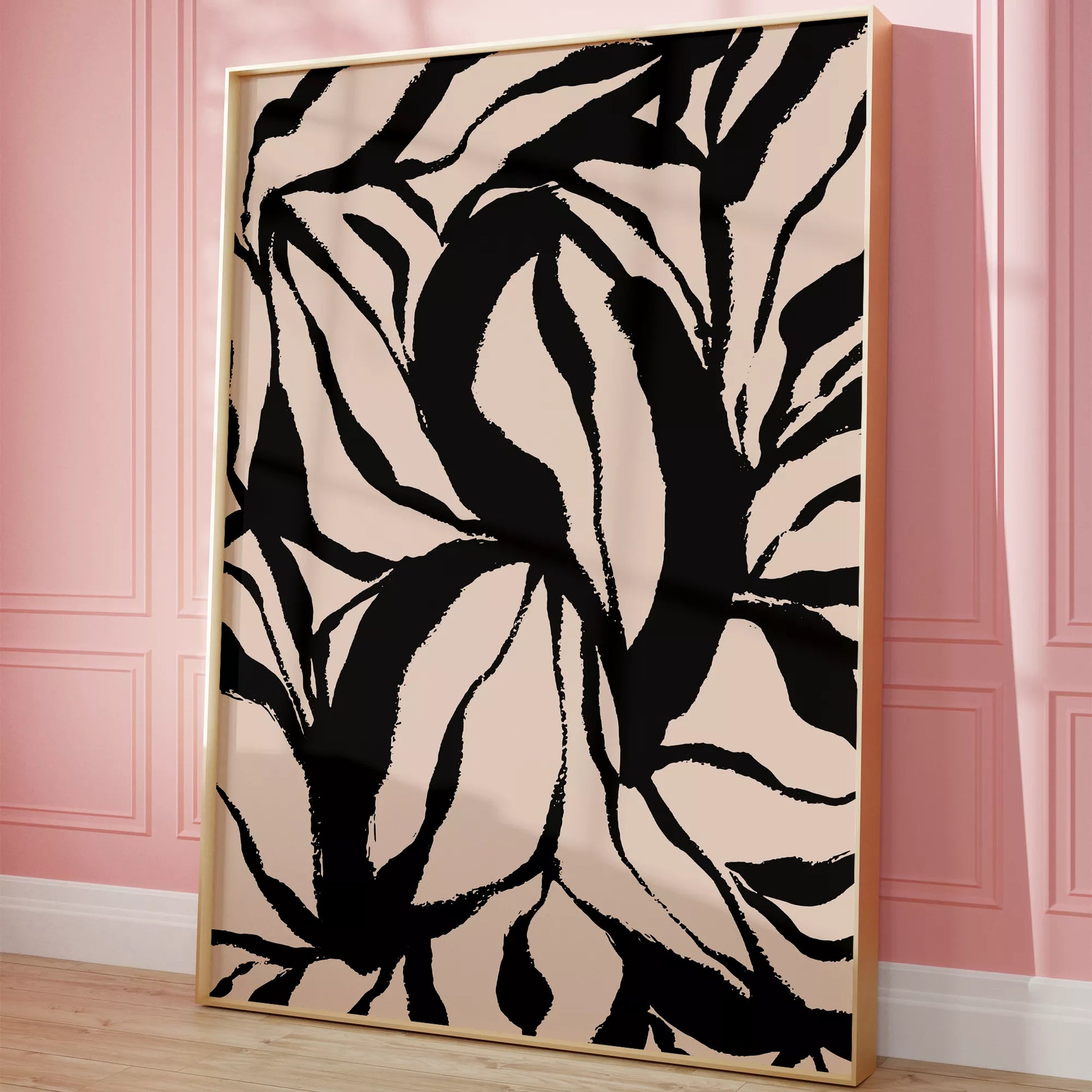 モダンな黒白の葉模様アート、北欧インテリアデザイン