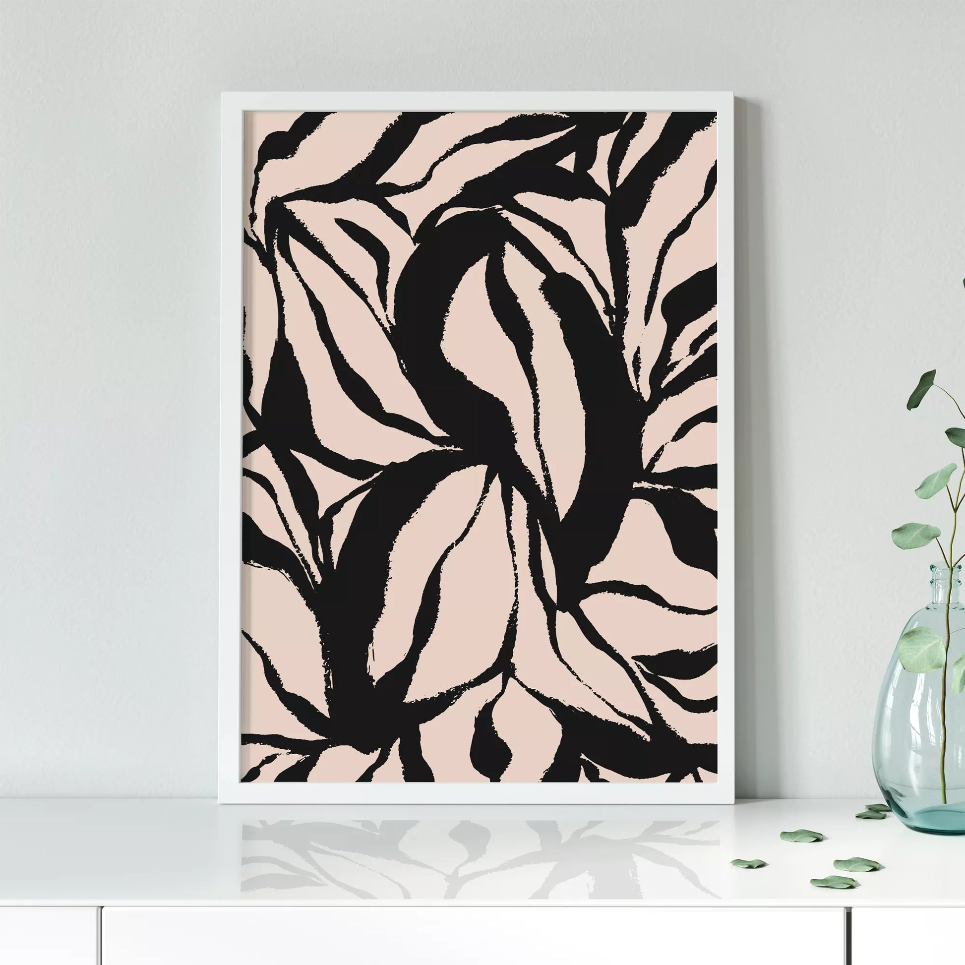 モダンな黒白の葉模様アート、北欧インテリアデザイン